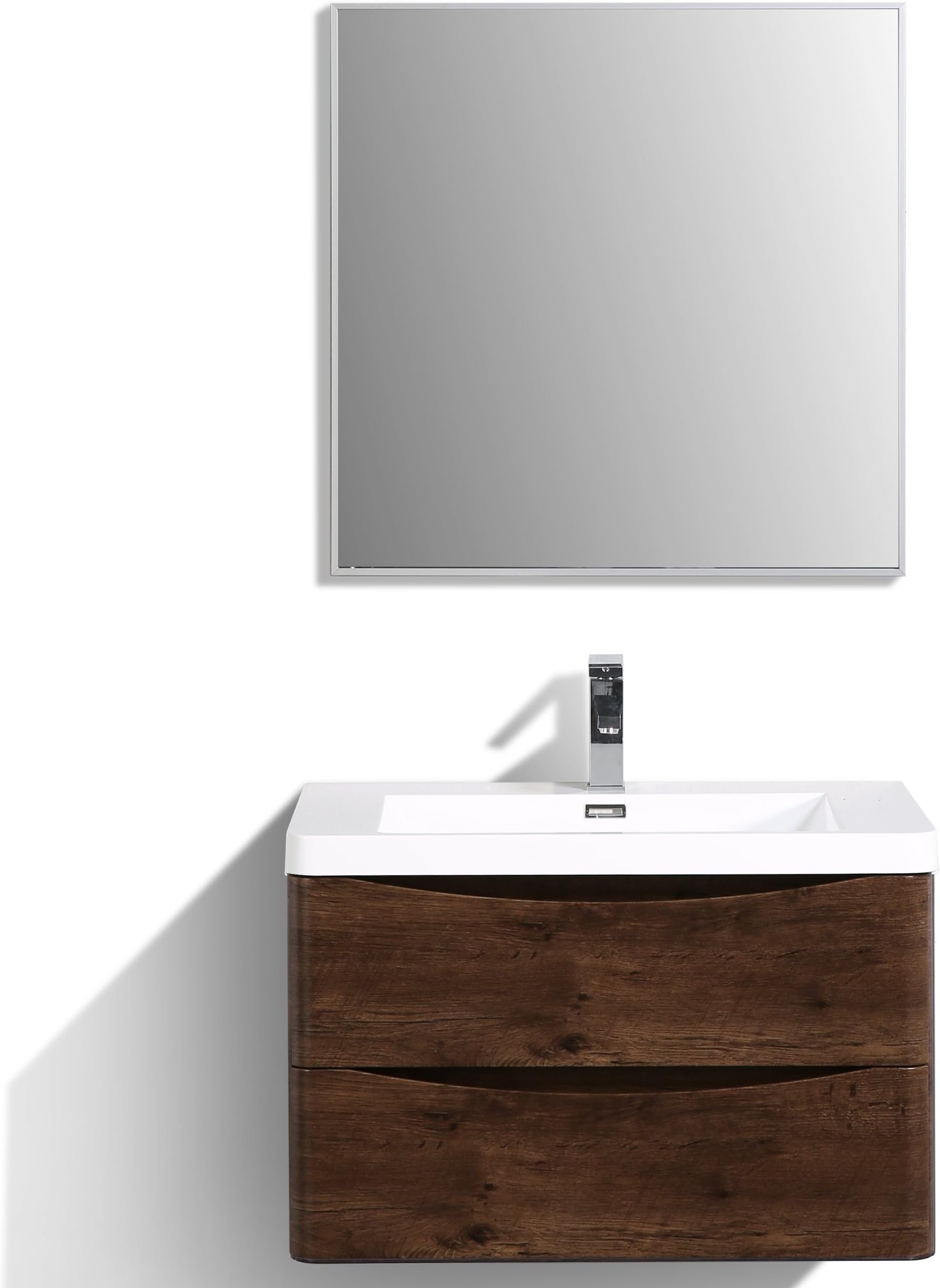 EvivaSmile 30 inch Rosewood Wall Mount Modern Bathroom Vanity with White Integrated Acrylic Top