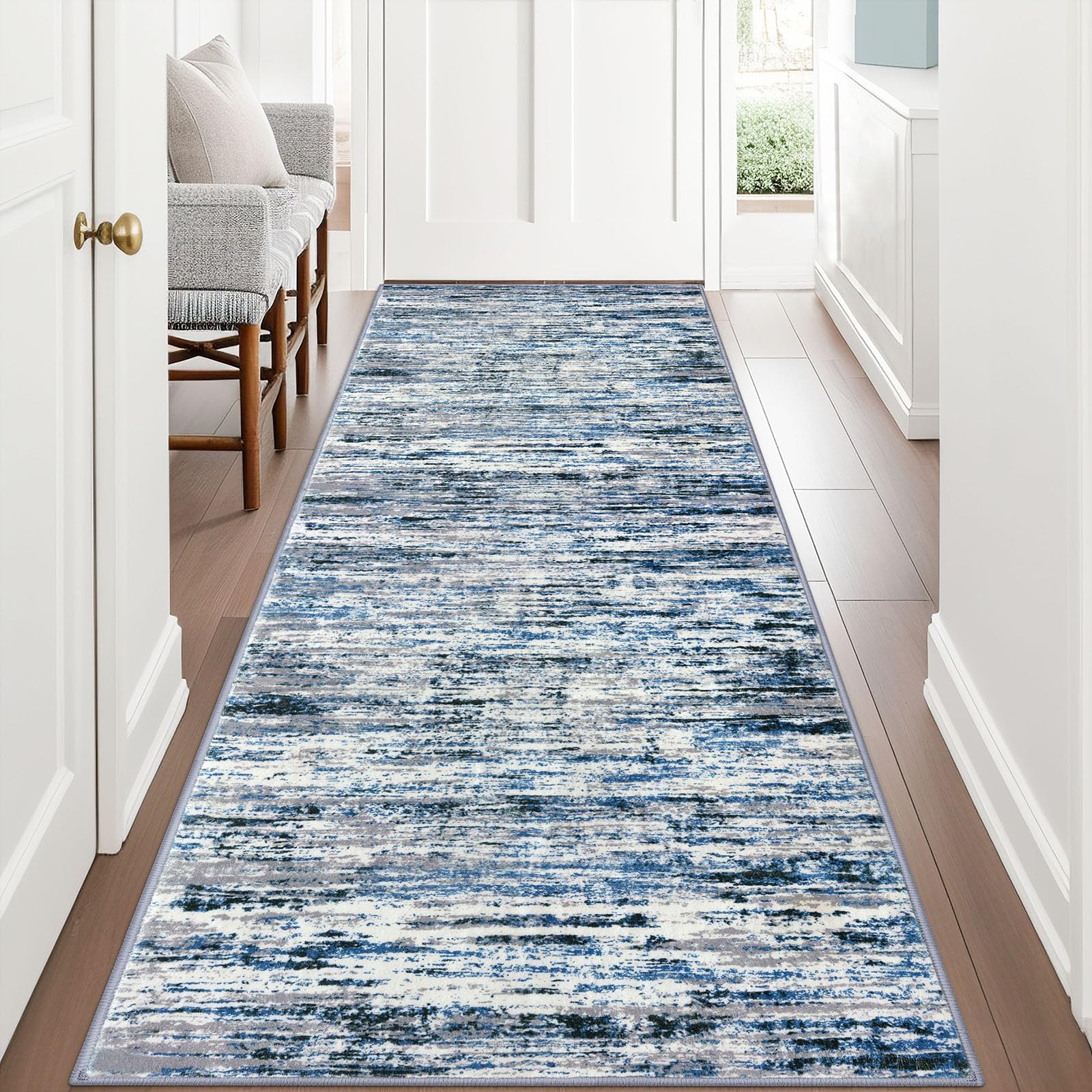 Lansny Modern Abstract Runner Rug 3x8, Grey Blue White, Washable Kitchen Runner Non-Slip Soft Hallway Rug Thin Print Faux Wool Carpet for Entryway
