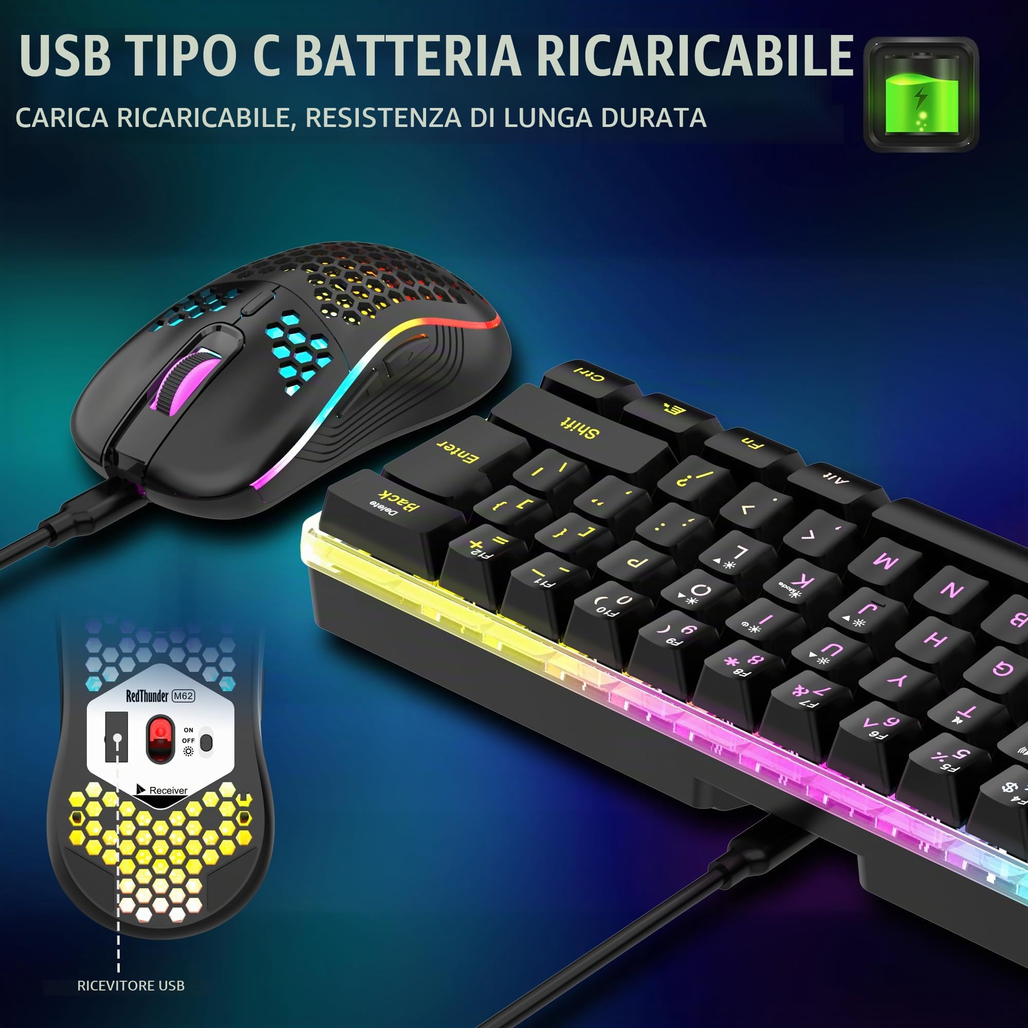RedThunder K62 - Tastiera e mouse da gaming RGB 60% wireless in lingua spagnola, mini tastiera ultra compatta retroilluminata ed ergonomica, mouse da gaming ottico 3200 DPI, compatibile con PC, PS5