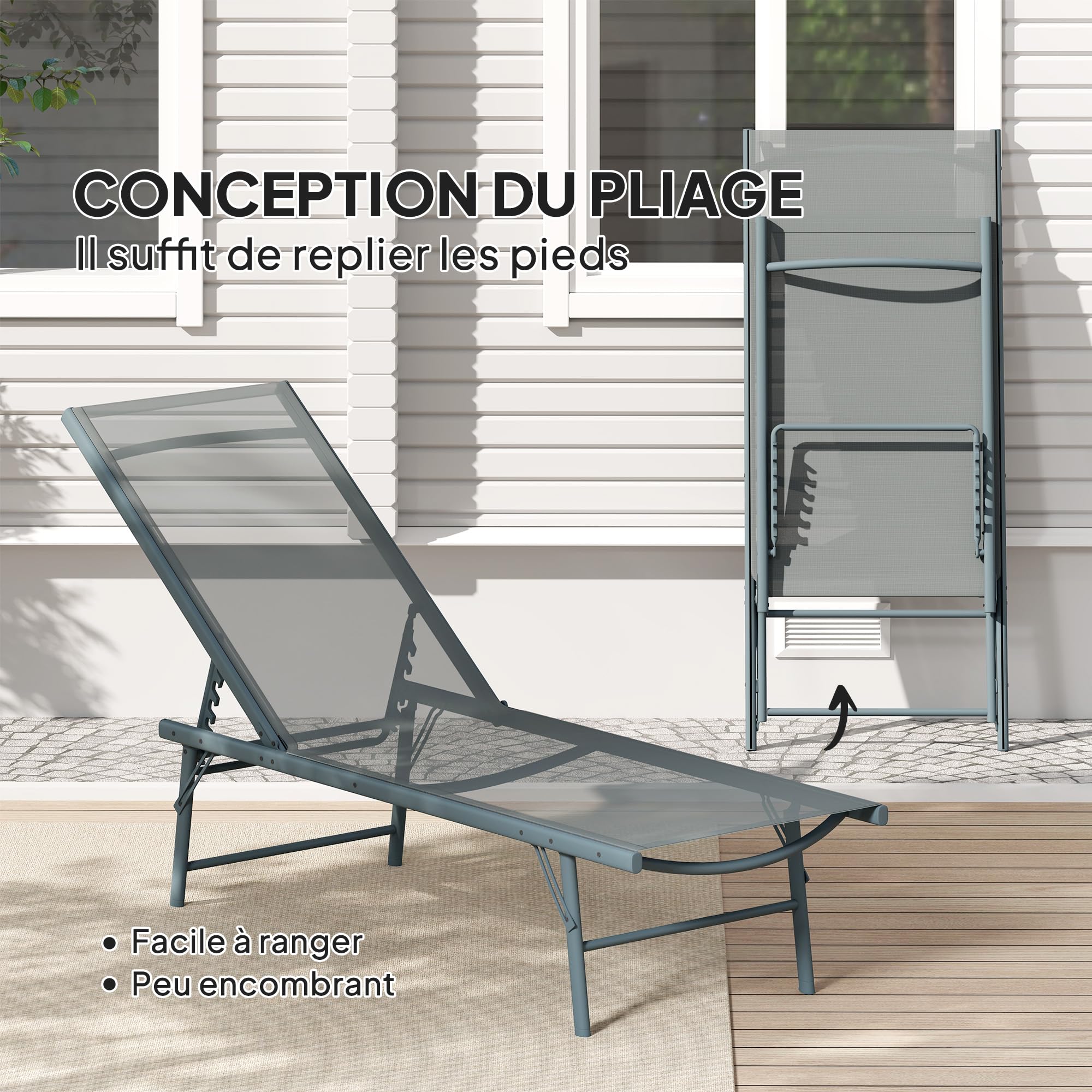 Outsunny Lot de 2 Bain de Soleil Pliants Textilène 90x65x112cm Gris Clair | Chaise Longue avec Appuie-Tête, Transat Jardin Extérieur Inclinable, Plage Camping Piscine Terrasse