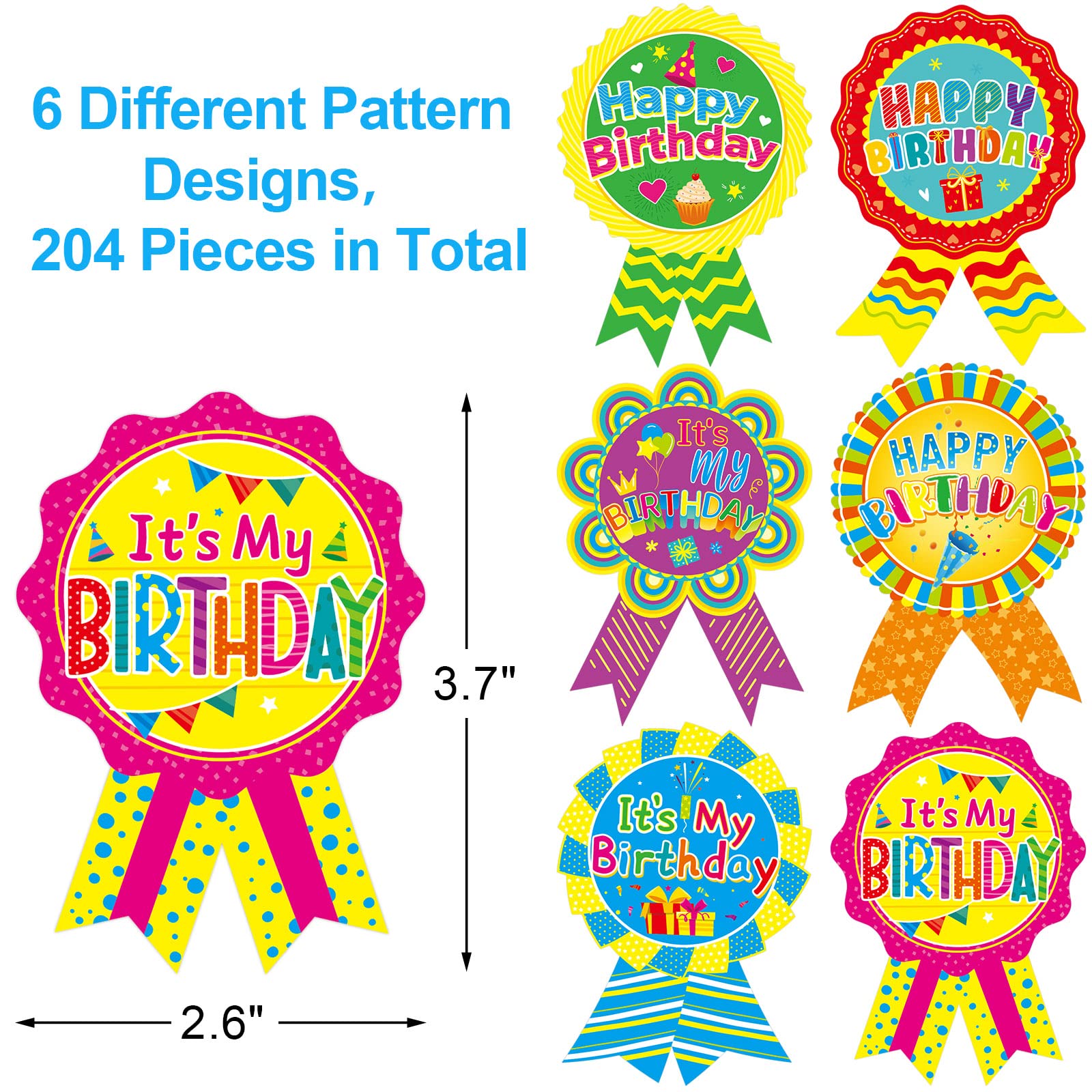 Calcomanías de insignia de feliz cumpleaños para niños, calcomanías de cumpleaños para el hogar, aula, decoración de fiesta, 204 piezas