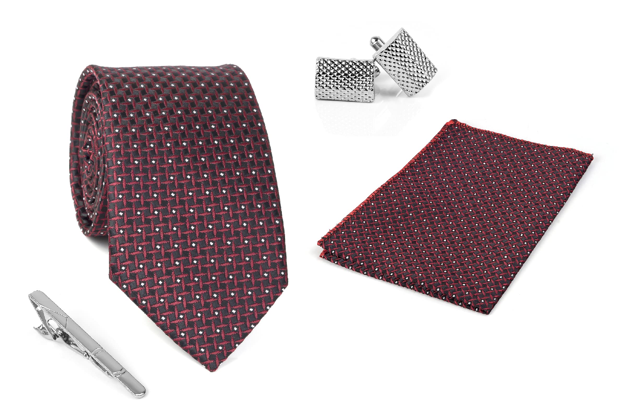 Men's Necktie, Pocket Square, Tie Pin and Cufflink Set 3 inch width, 58 inch length 1719 TTPC Maroon