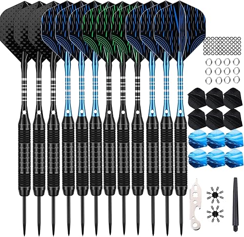 Juego de 12 dardos de punta de metal de 220.85 oz, dardos de punta de acero para dardos con ejes de aluminio de alta calidad, 50 juntas tóricas de