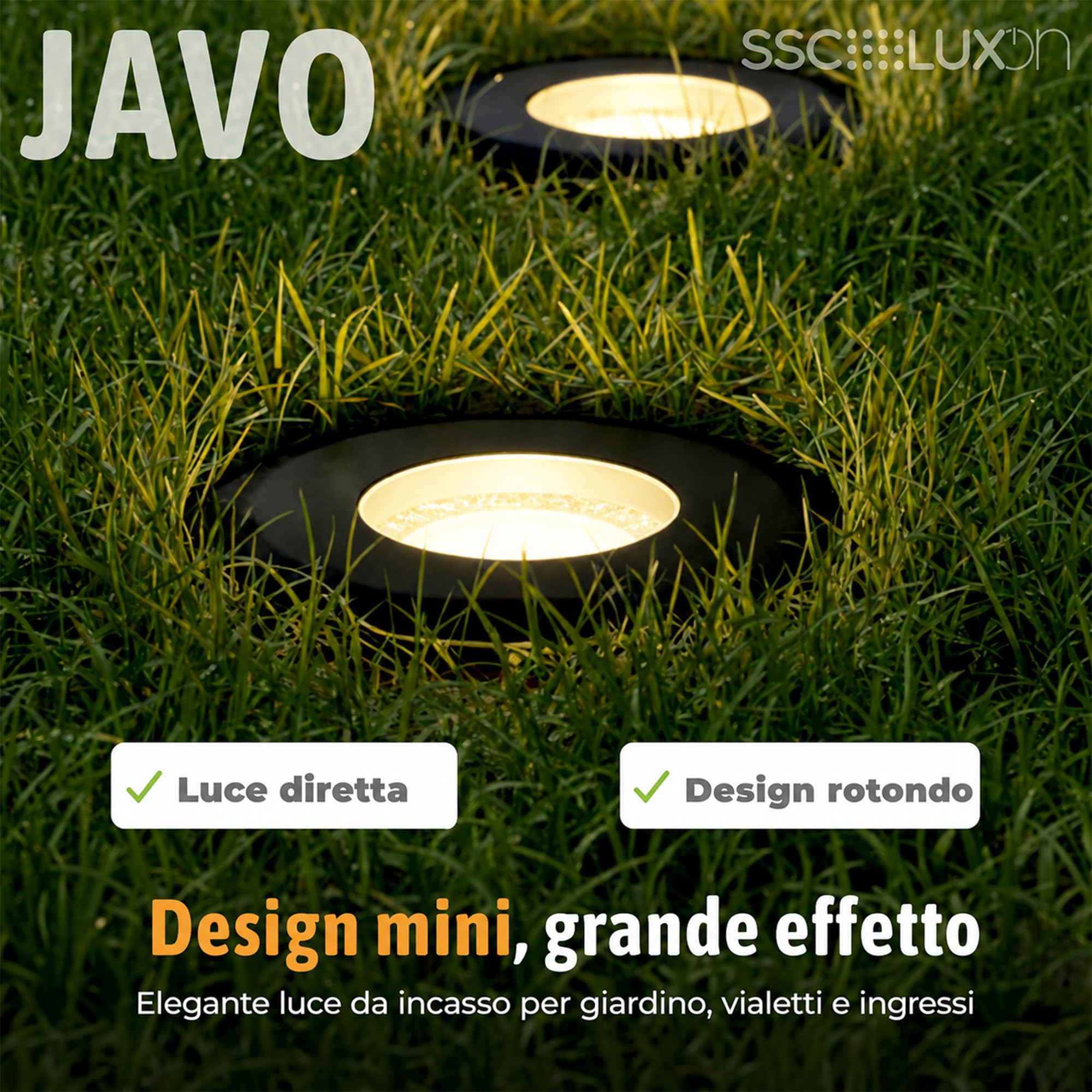 SSC-LUXon JAVO Nero Frontale - 6 Faretti LED Incasso Esterno IP67 | segnapasso mini, LED integrato luce calda, 230V senza trasformatore, calpestabile, per vialetto e giardino