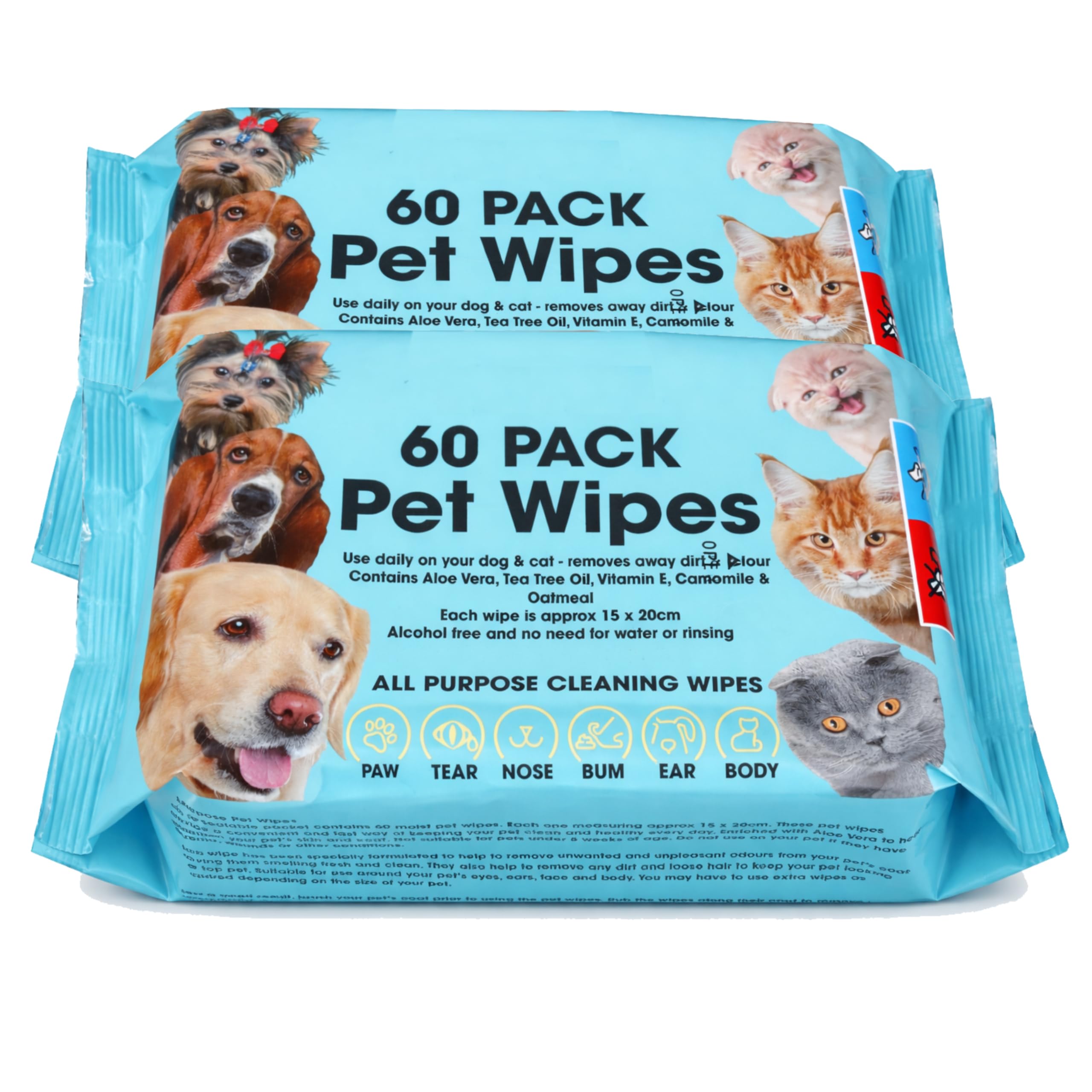 Pet Cleaning Wipes for Dogs and Cats, Alcohol Free Deodorizing Multi-Purpose Cleaning Pet Wipes Pack of 60 (120 WIPES)