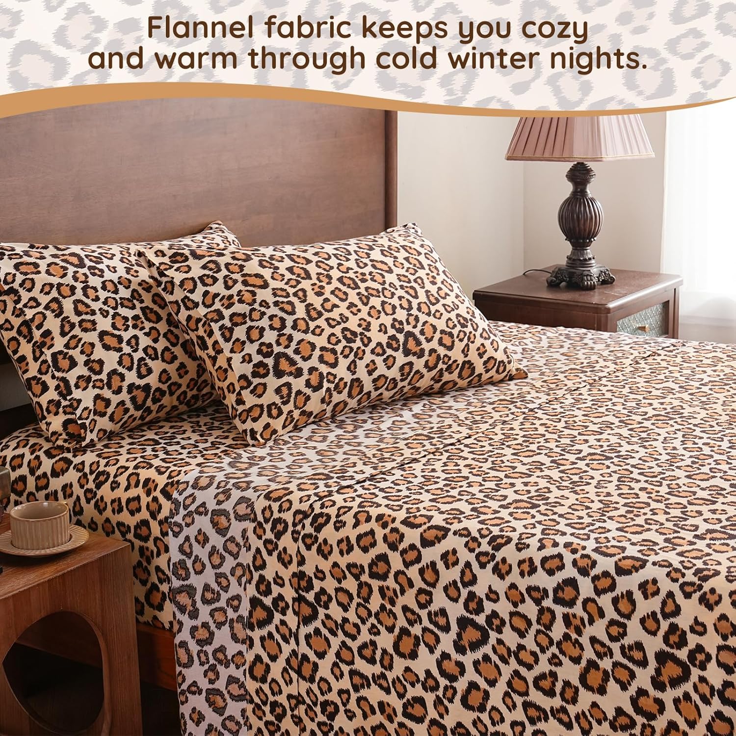LONAVA 100% Cotton Flannel Sheet Set 4 Pieces, Heavy-Duty Fluffy Flannel Design, Thermal Lock Technology, 16 inch Deep Pocket Cozy Soft Bedsheets,(King,Brown Leopard)