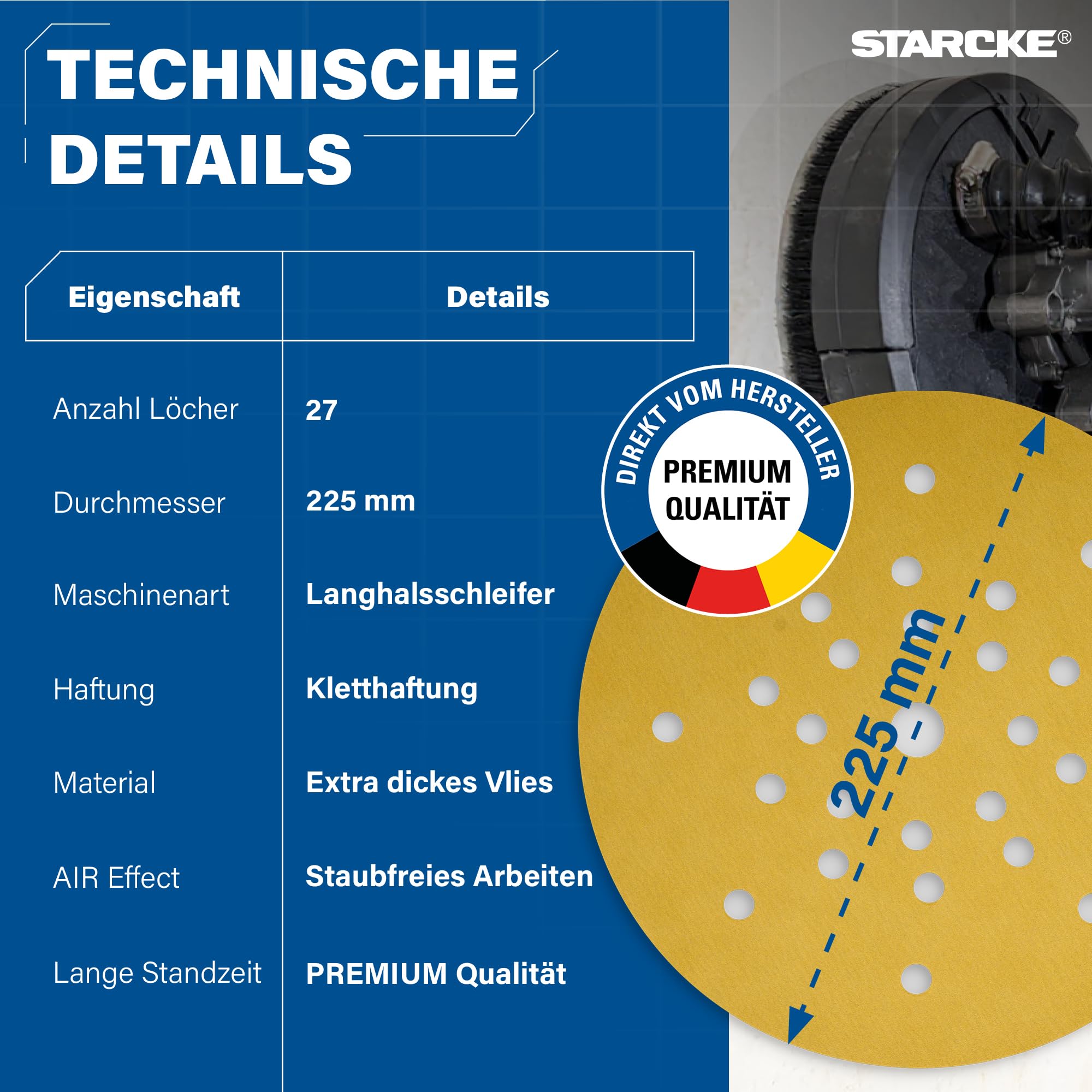STARCKE® Schleifscheiben 225mm Klett AIR-GIANT - MADE IN GERMANY - [25x] - für 27-Loch Langhalsschleifer, Trockenbauschleifer - Trockenbau, Malerarbeiten, Farbe, Lack, Spachtel (P40, 25x)