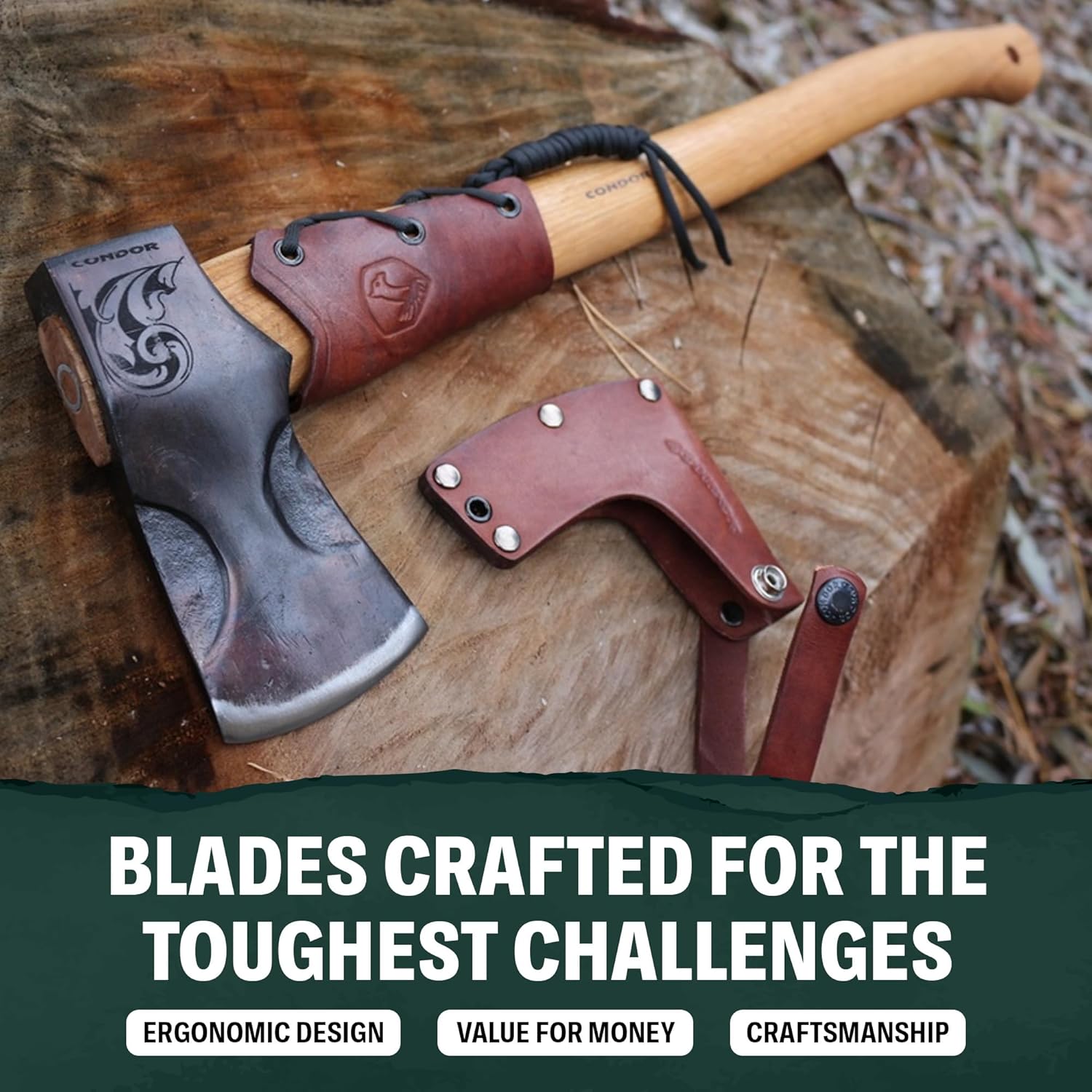Condor Tool & Knife Cloudburst Hatchet Axe with Handcrafted Leather Sheath - 1060 High Carbon Steel Throwing Axe with a Light Wooden American Burnt Hickory Handle - 5.8in Blade - 43.4oz