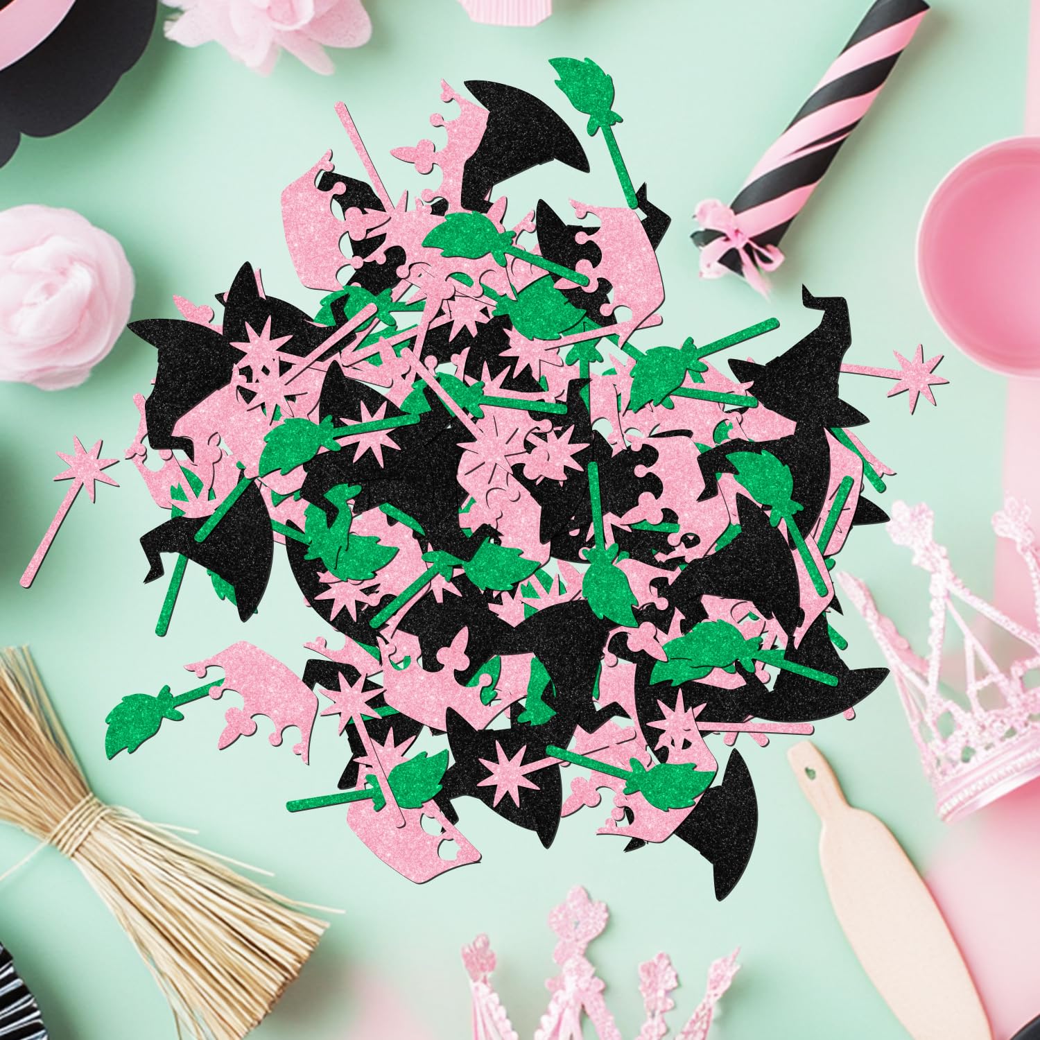 300 Stück Hexen Party Konfetti – Rosa & Grün Mit Kronen, Hexenhüten & Zauberstäben Für Tischdeko
