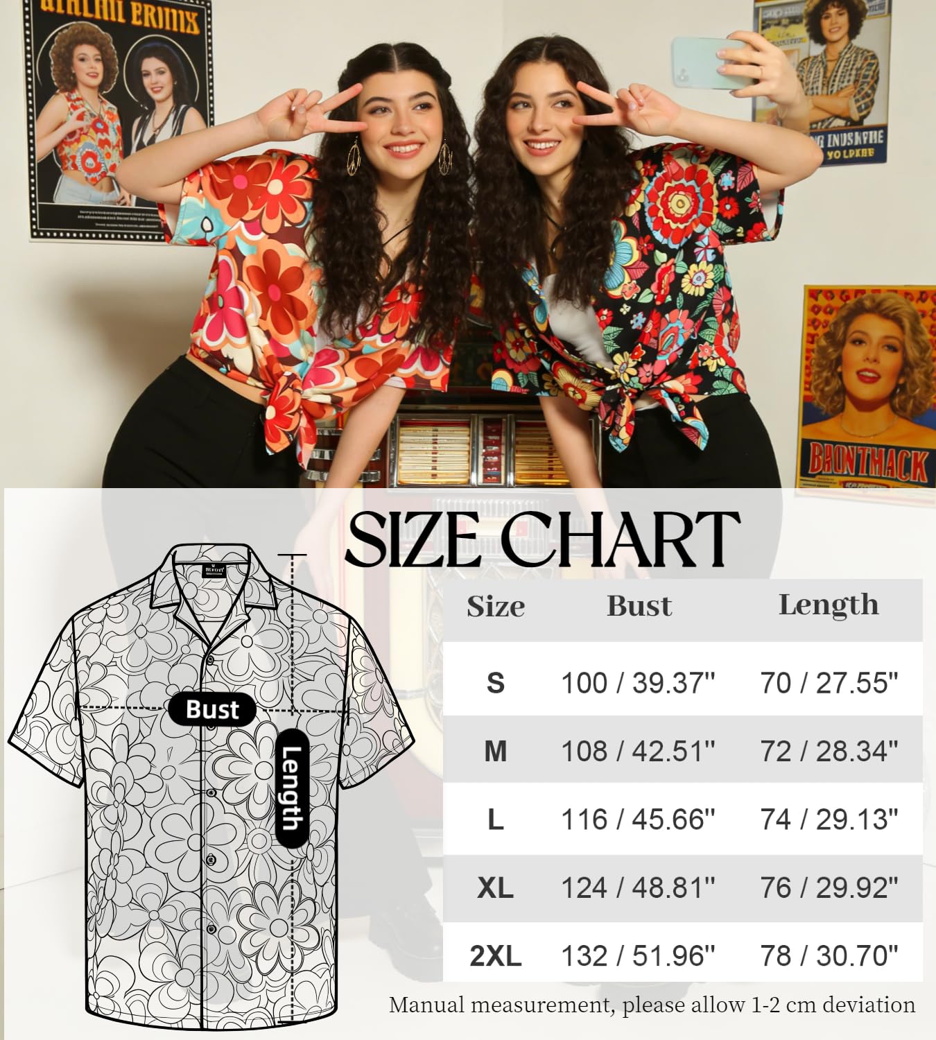 kasahara Costume hippie pour femme, Haut hawaïen, Chemise vintage, Tenue années 80 et 90, Décontracté, Rétro Costume de carnaval