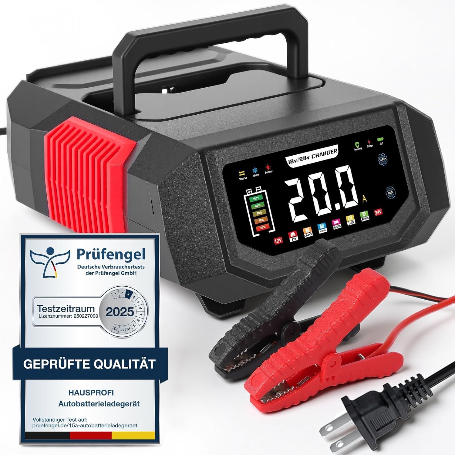 HAUSPROFI 20A Smart Car Battery Charger 12V/24V, Adjustable Current (1A-20A) Automotive Battery Maintainer & Trickle Charger with Pulse Repair, Desulfator for AGM, LiFePO4, Deep Cycle, Boat, RV - 0V A