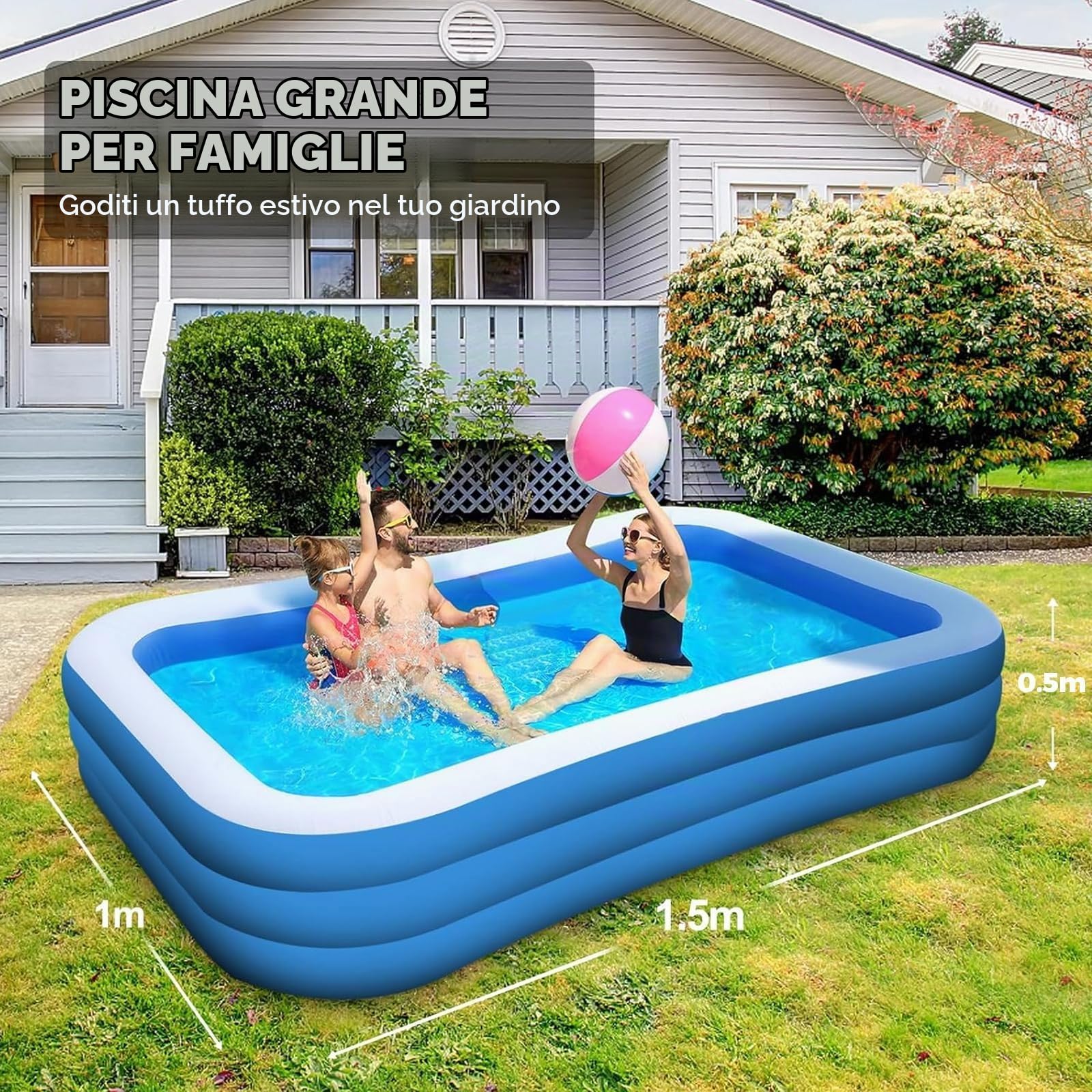 Piscina gonfiabile, rettangolare, grande, per cortile, giardino, balcone, 150 x 100 x 50 cm