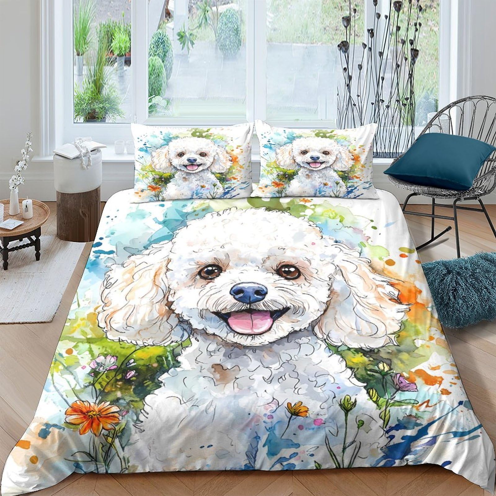 Ctjqhvkz Style-10 3D Printed White Poodle Fitted Sheet Microfiber Colorful Flowers Mattress Cover For Bedroom Guest Room Protection Decor Single（135X200cm）