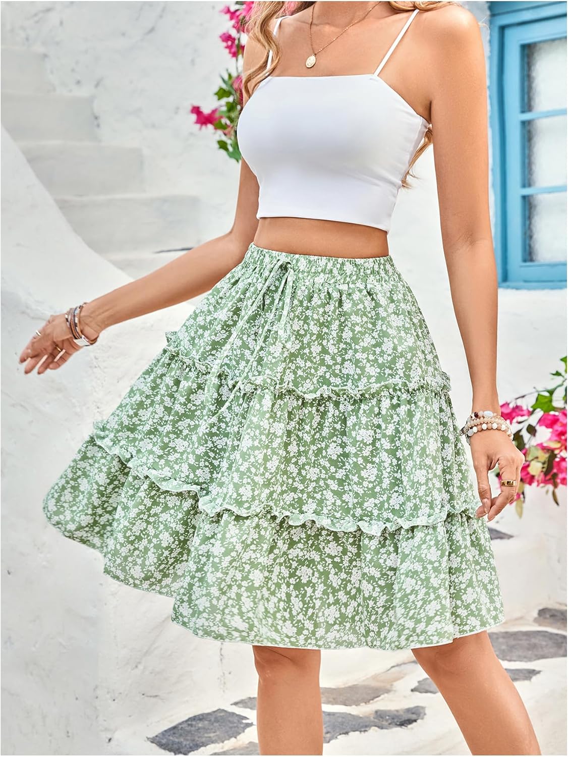 Women's Floral Skirt Boho Tiered Layered High Waisted Flowy A Line Ruffle Skirts - Image 3