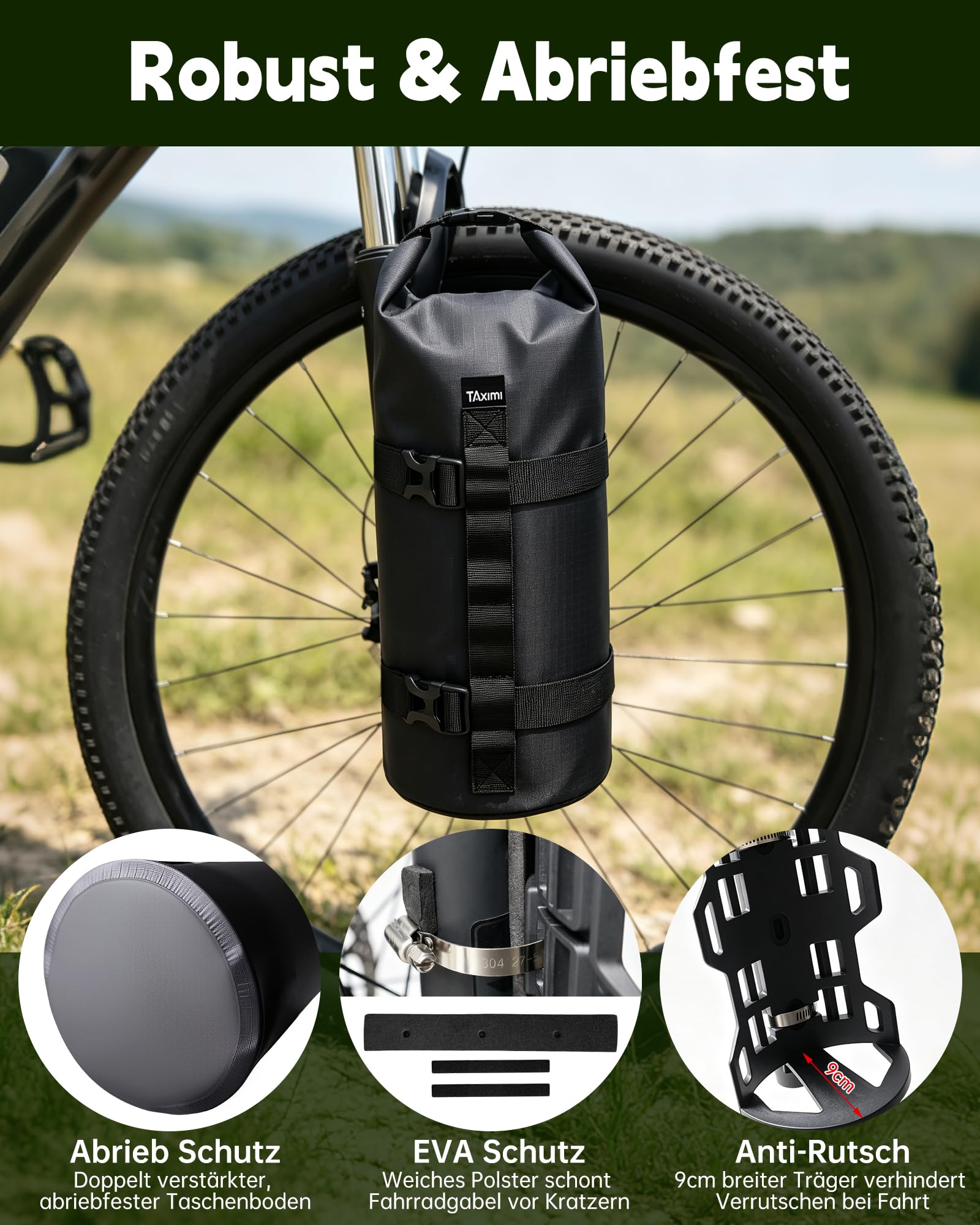 Sacoche Fourche Velo 5l étanche,Sacoche Avant Velo,Rolltop Fixation Facile | Matériau résistant aux déchirures & usure, pour sorties bikepacking et urbaines, protège pluie, boue et éclaboussures