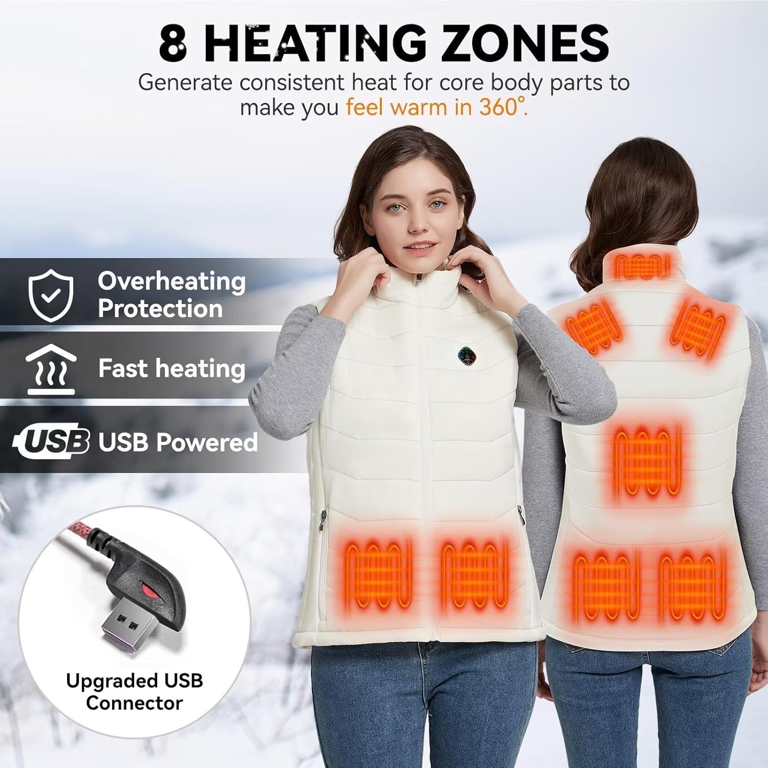 KOVNLO Womens Heated Vest with battery pack included (White,XL), 4 in 1 Smart Controller, Lights-out Design, Lightweight Heating Vest