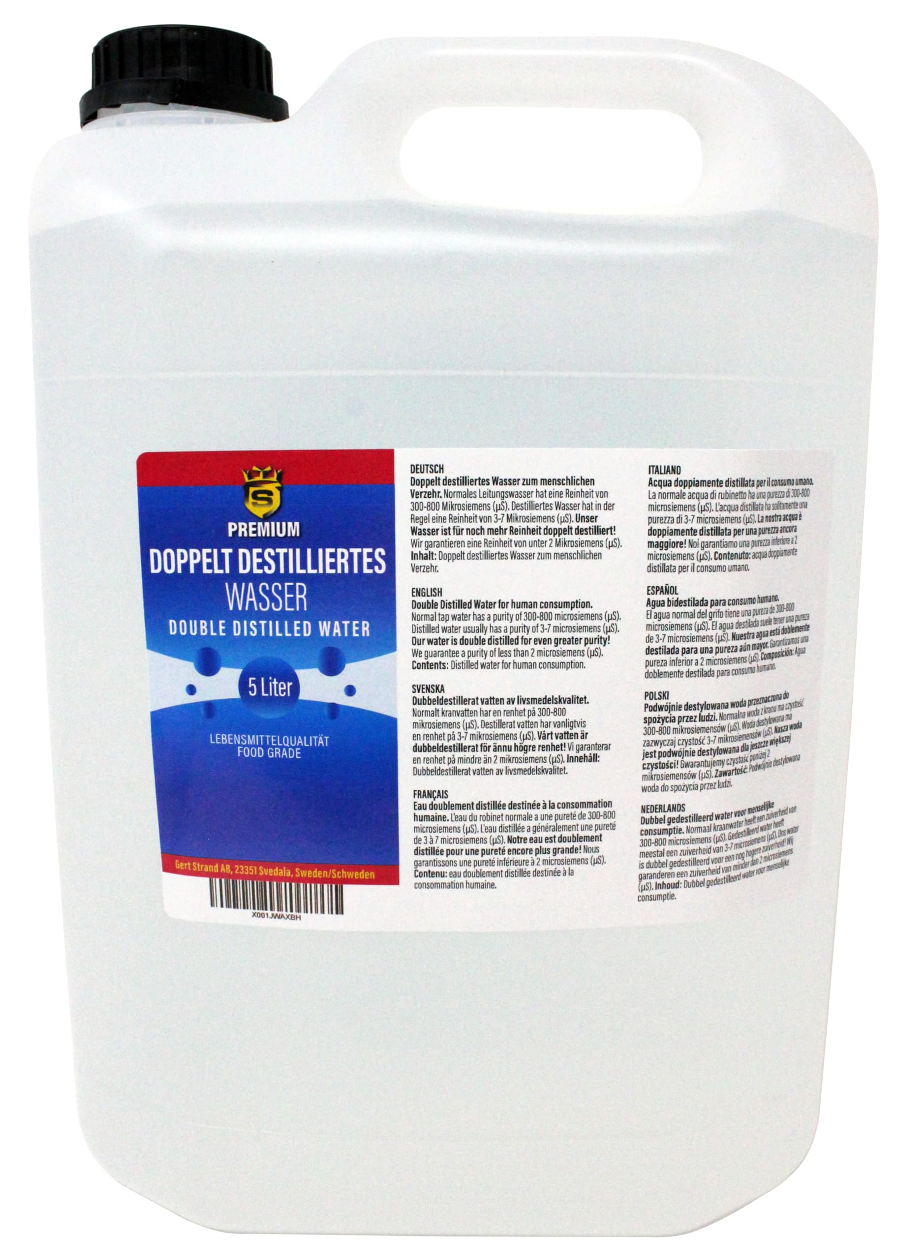 Doppelt destilliertes Wasser 5 L | hoher Reinheitsgrad von 2 Mikrosiemens | Reinstwasser | zum Trinken und Kochen geeignet | geschmacksneutral | hochrein | keim- und chlorfrei