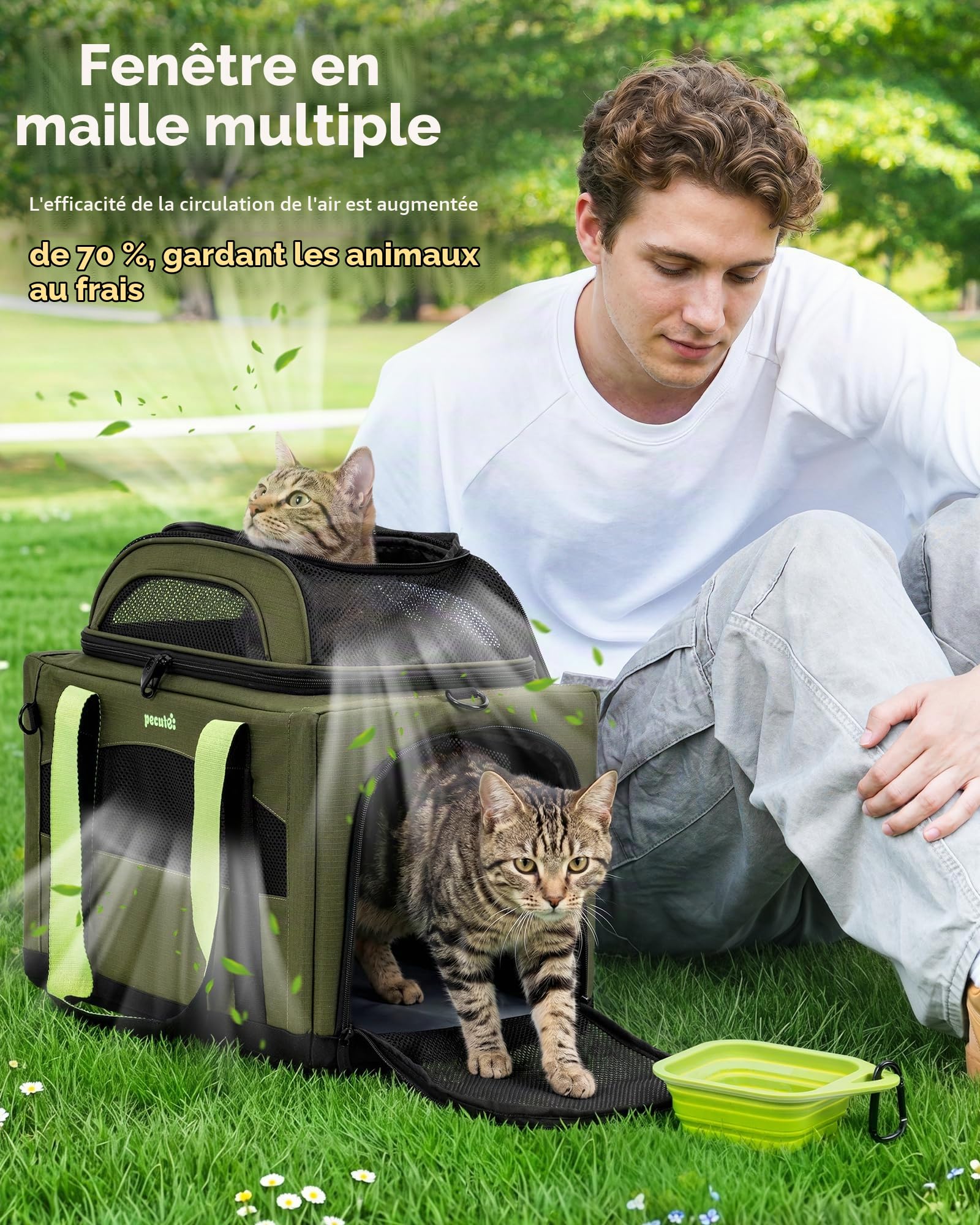 Pecute Caisse de Transport Chat et Chien Extensible, Pliable - Vert Armée | Extension Supérieure • Pliable & Respirant • Cadre Indéformable • Voyage & Vétérinaire • Pour Chats & Chiens