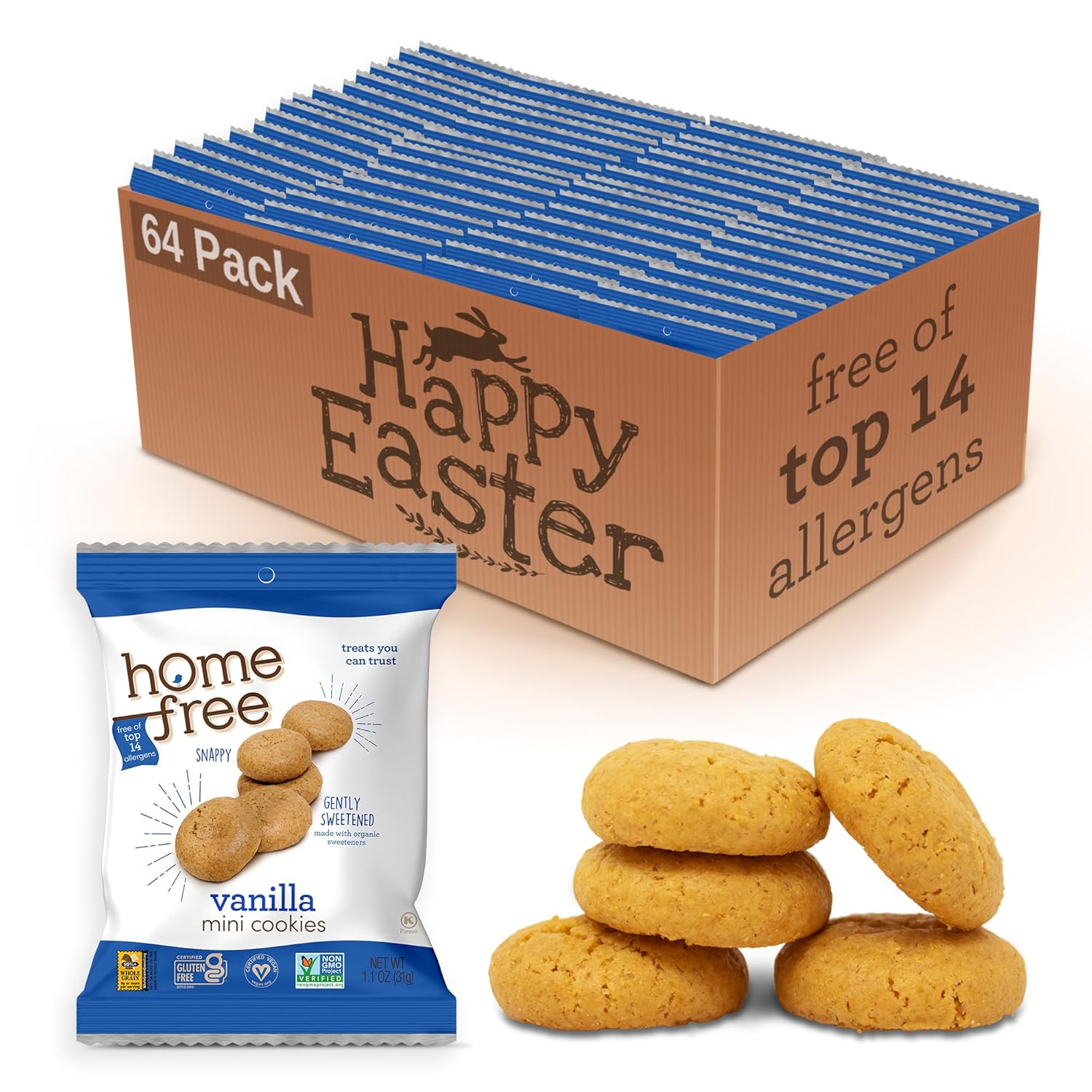 Homefree Mini Vanilla Cookies, Gluten Free, Nut Free, Vegan, Individually Wrapped Packs, School Safe and Allergy Friendly Snack, 1.1 oz. (Pack of 64)