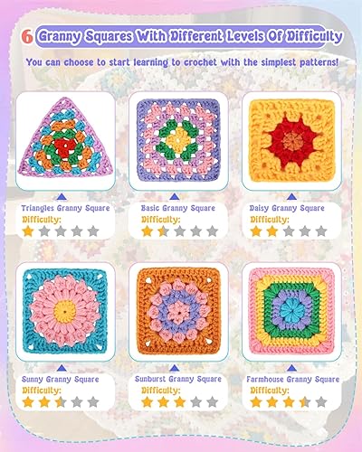 Miniatura 4 de Coopay Kit de ganchillo para principiantes para 6 tipos de cuadrados de abuelita, kit de punto para principiantes con instrucciones y 8 piezas de