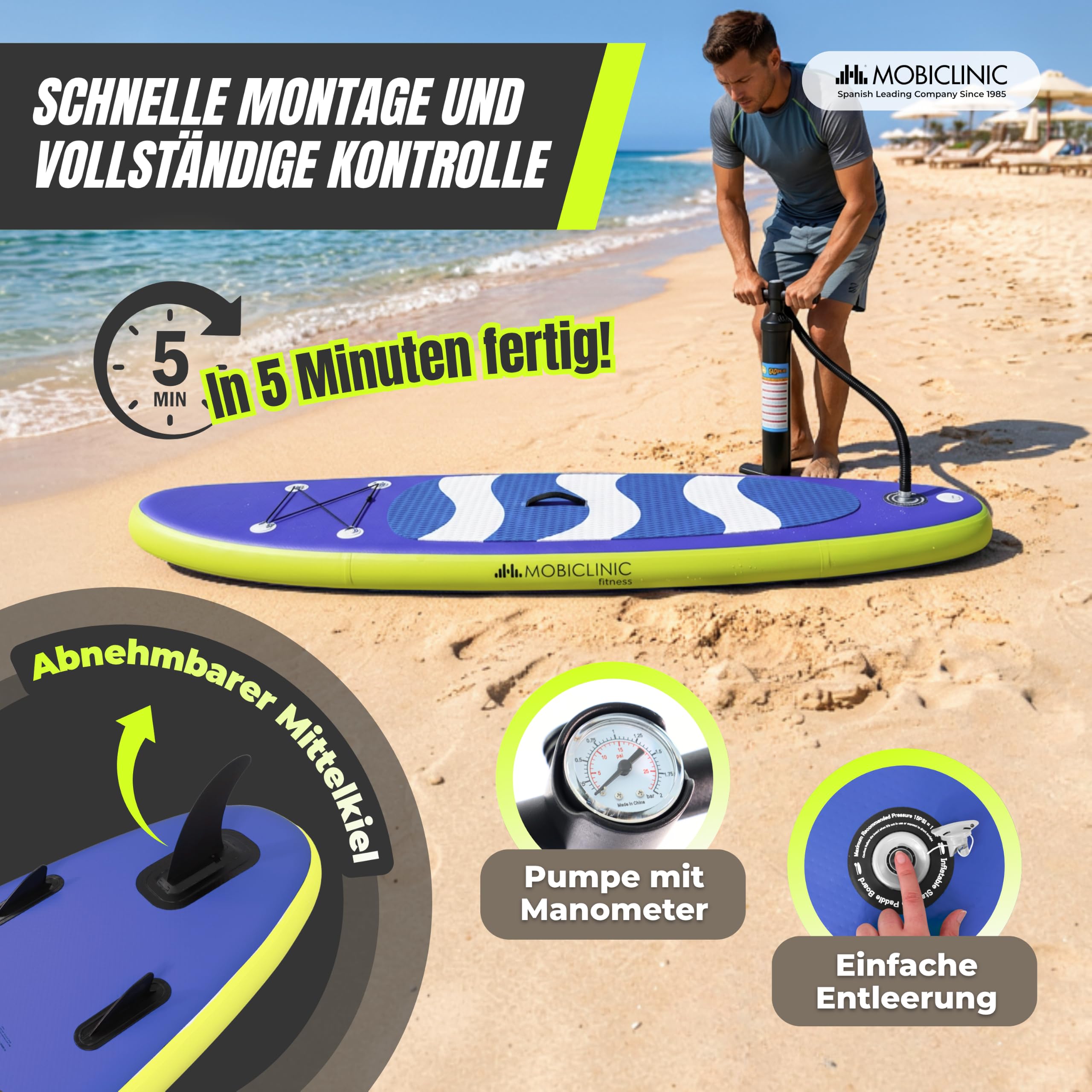 Mobiclinic®, Stand Up Paddling Board, Inklusive Pumpe, Flossen, Rucksack, Paddel, Handyhülle und Reparaturset, 315x78x15 cm, Faltbar, bis 150 kg, Für Kinder, Erwachsene und Haustiere