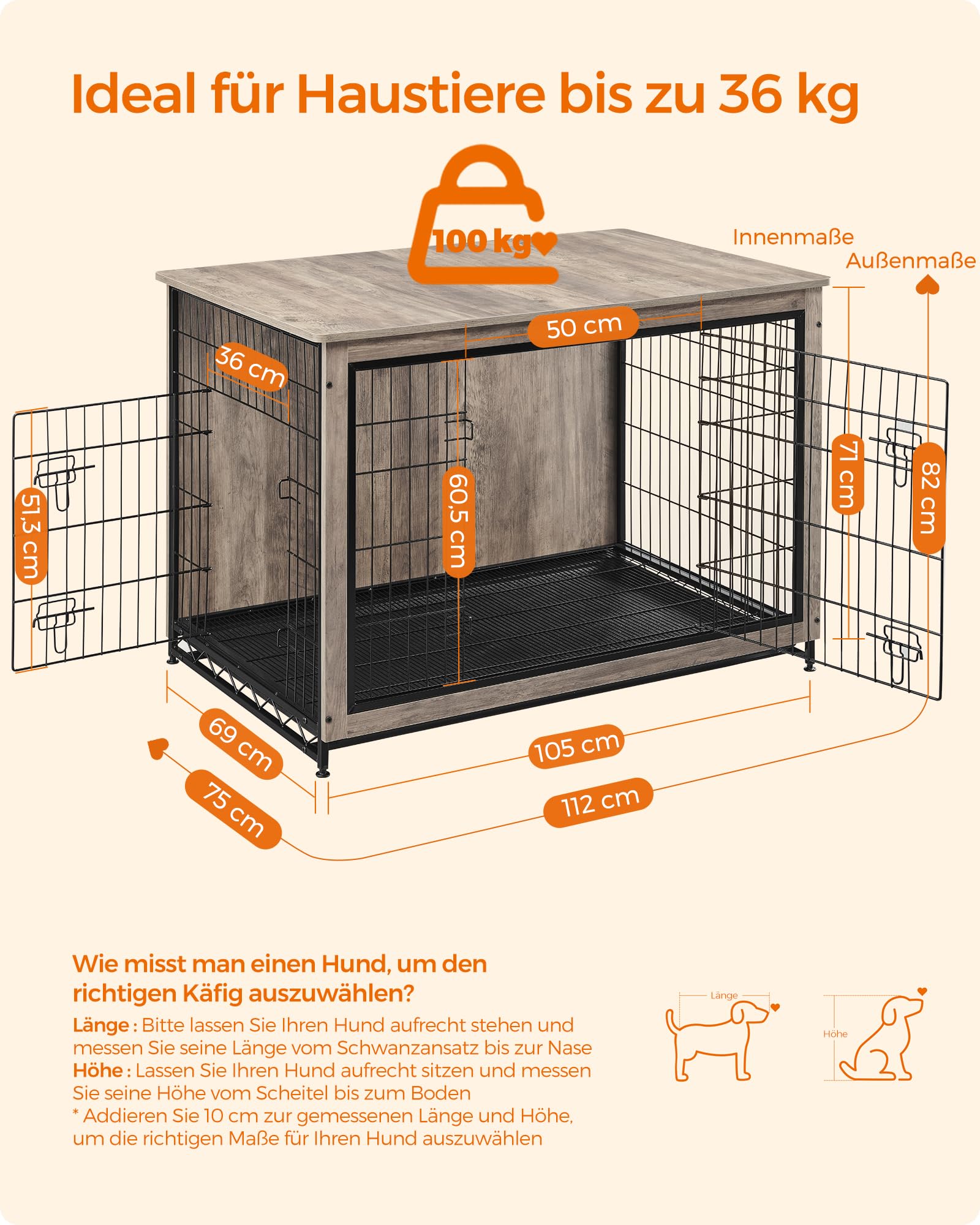 Feandrea Hundekäfig Möbel, Beistelltisch, Hundebox, Moderne Hundehütte Indoor für Hunde bis zu 36 kg, hochbelastbar, Hundehaus für Zuhause, herausnehmbares Tablett, 2 Türen, Greige PFC004G01