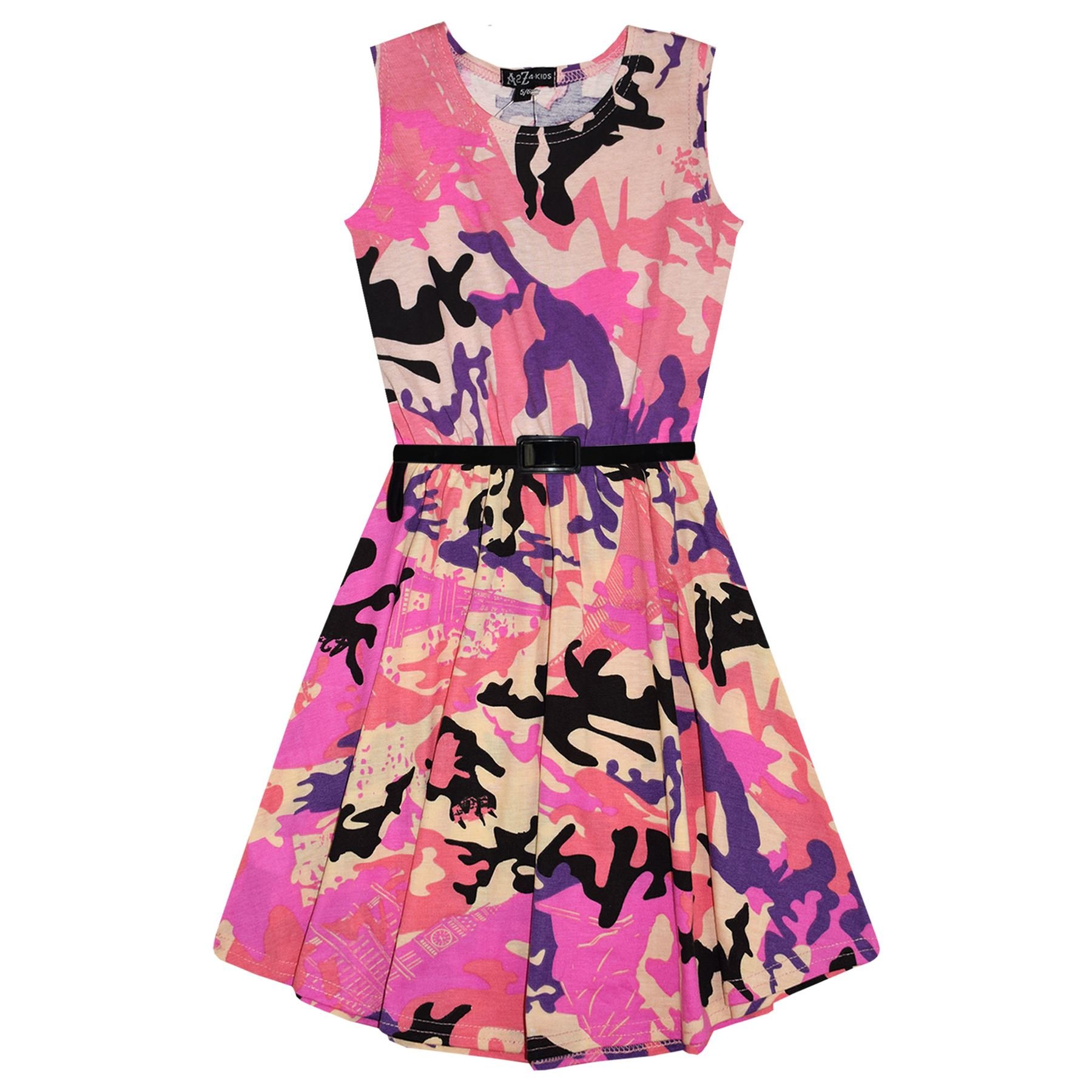A2z 4 Kids Girls Camo Baby Pink Party Fashion Dresses With Free Belt Summer - Skater Sleeveless 13
