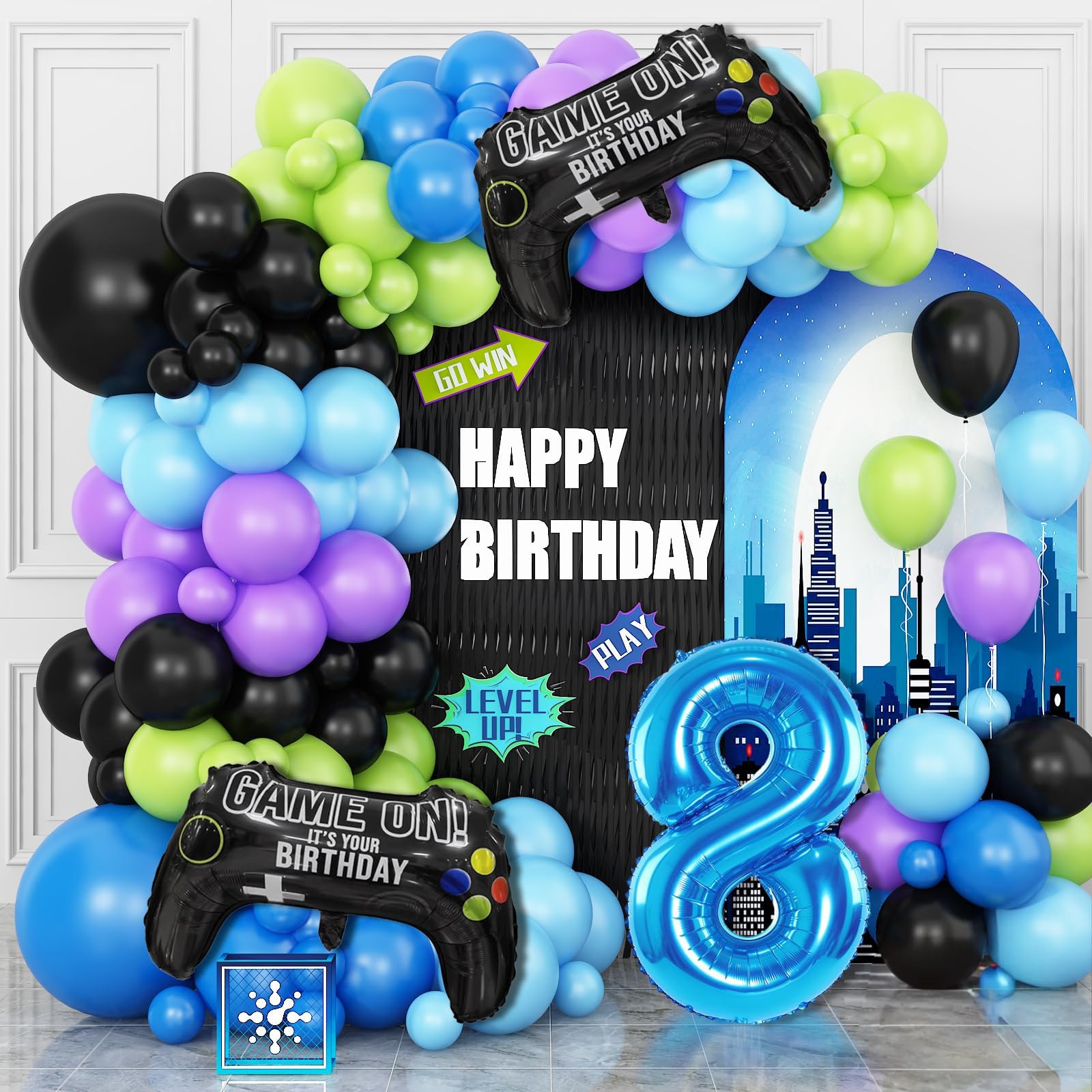 Cledeco 8th Birthday Video Game Balloons Arch Kit, 108pcs Blue, Black, Light Olive Green, Purple Balloons, Video Game Themed Foil Balloons, Boys