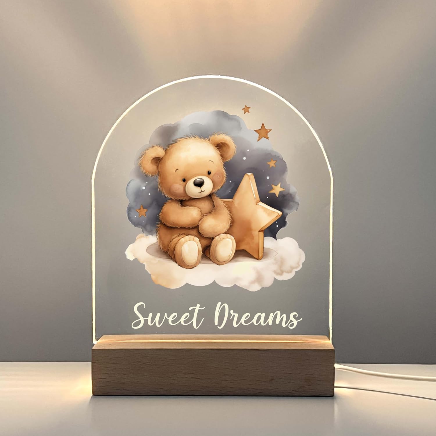 Teddy Bear Frame Night Light Up Table Wood Base LED Desk Stand Plaque Nursery Decor Sweet Dreams Night Light Kids Baby Toddler Children Cute Bear Lamp Custom Christmas/Birthday Gift - Made in America