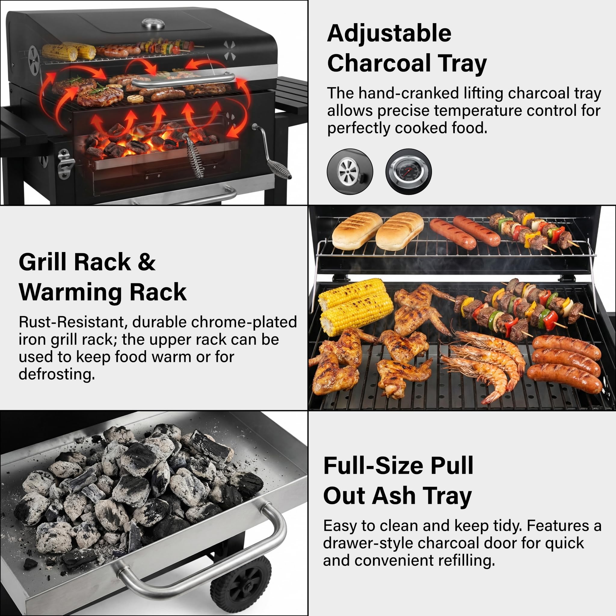 Barbecue Grill, Outdoor XXL Portable Charcoal BBQ Smoker with 2 Foldable Side Tables, Built-in Thermometer - Image 5