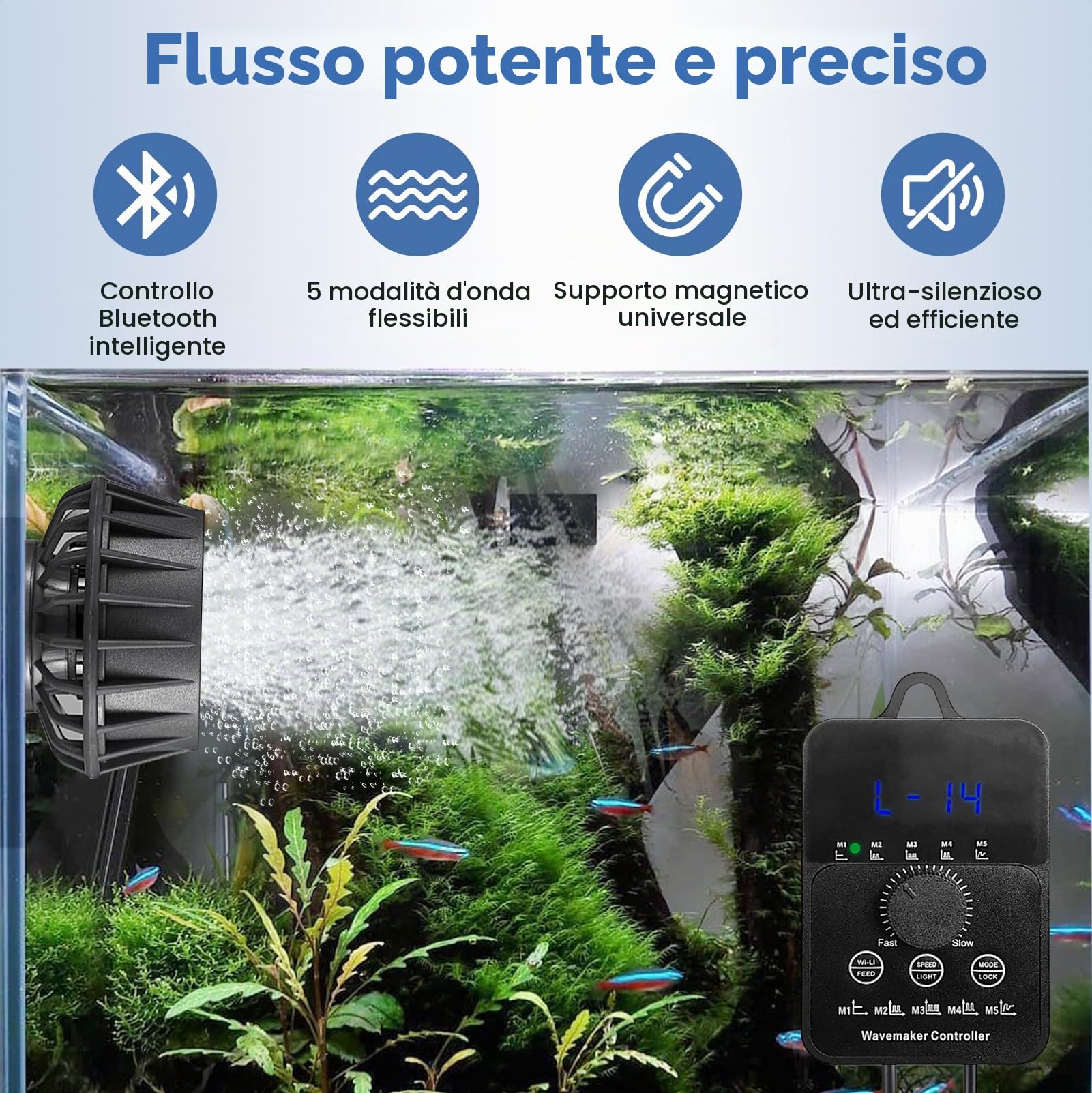 Pompa di Movimento Acquario, Pompa Mini 12W | con 5 Modalità & 10 Velocità, Portata 8000L/H, Magnetica per Acquari fino a 80cm – Bluetooth & Sensore di Luce
