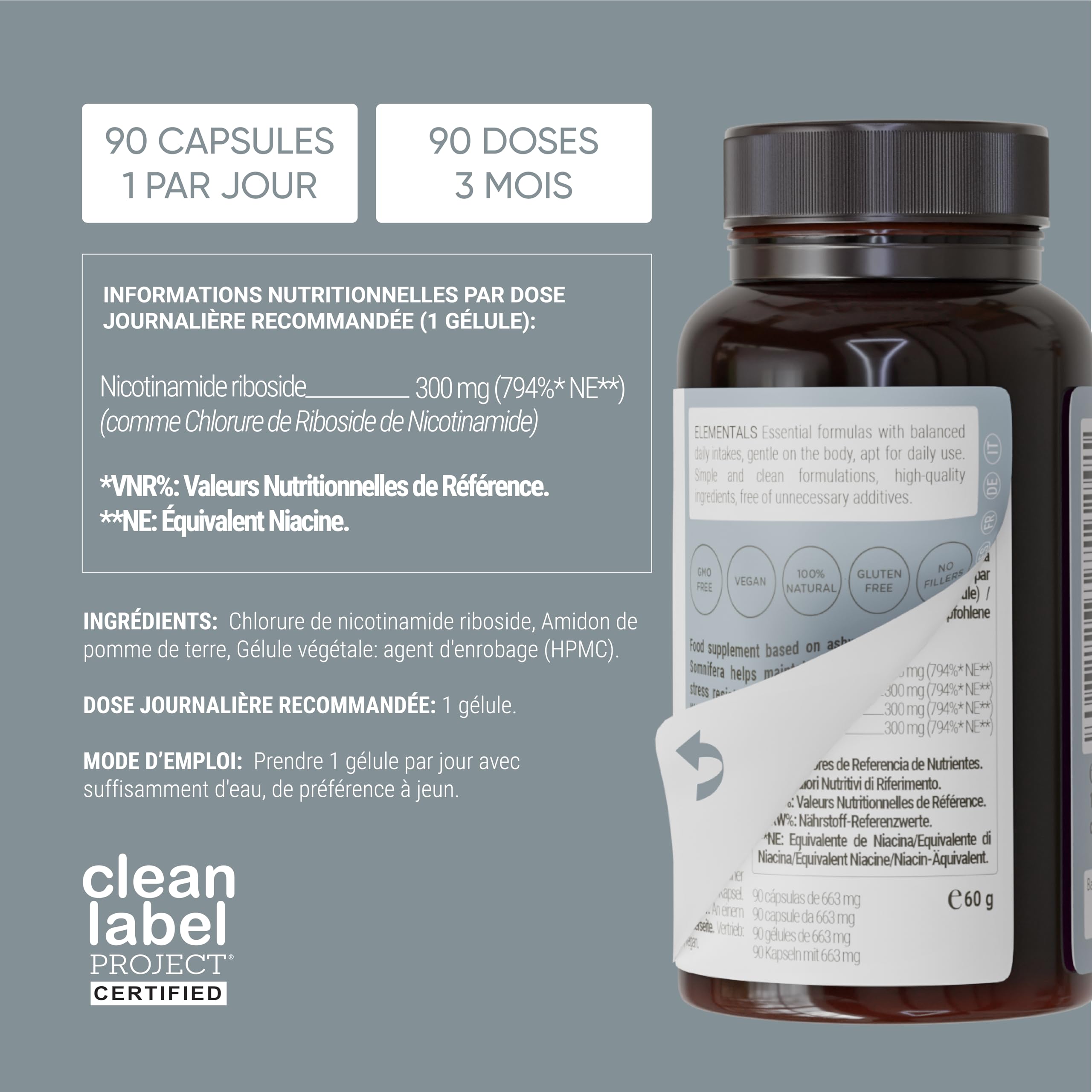 Nullure Nicotinamide Riboside (NR) 300mg | Sans stéarate de magnésium et sans additifs | Précurseur de la NAD+ | 300mg Testé en laboratoire allemand | Vegan | Antifatigue · Anti-âge | 90 gélules