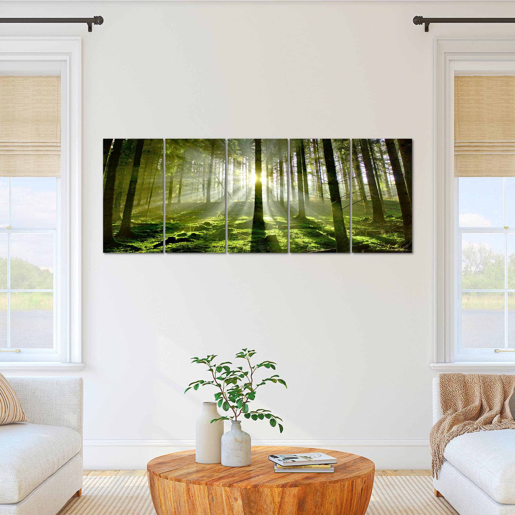Runa Art Tableau mural XXL Forêt Paysage 200 x 80 cm Vert 5 Parties - 602955a