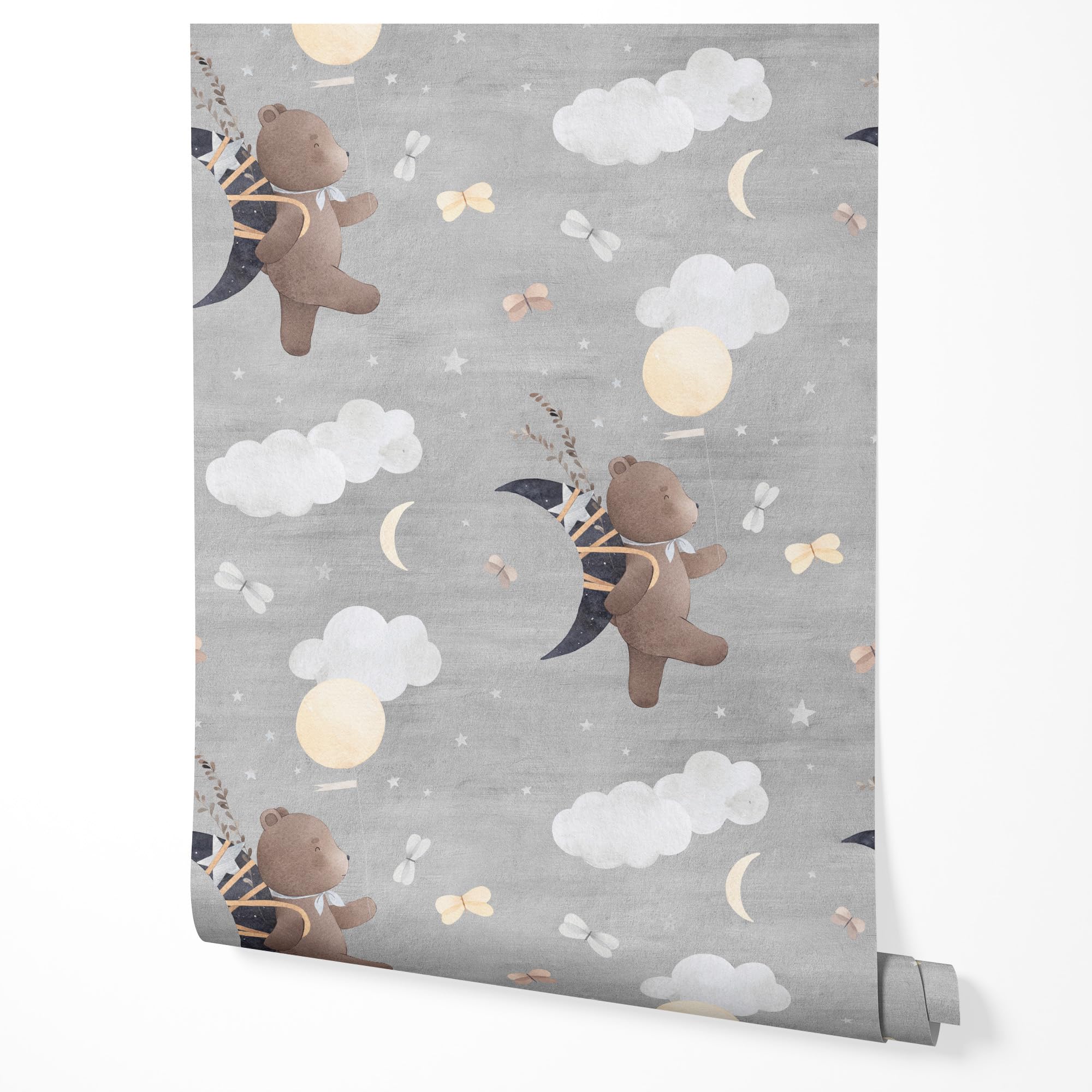 Selbstklebende Tapete Möbelfolie fliegender Teddybär Wolken Mond Sterne | fliegender Teddybär Wolken Mond Sterne Ballons Muster grau Töne traumhaftes Himmel Wanddesign für Kinderzimmer Babyzimmer