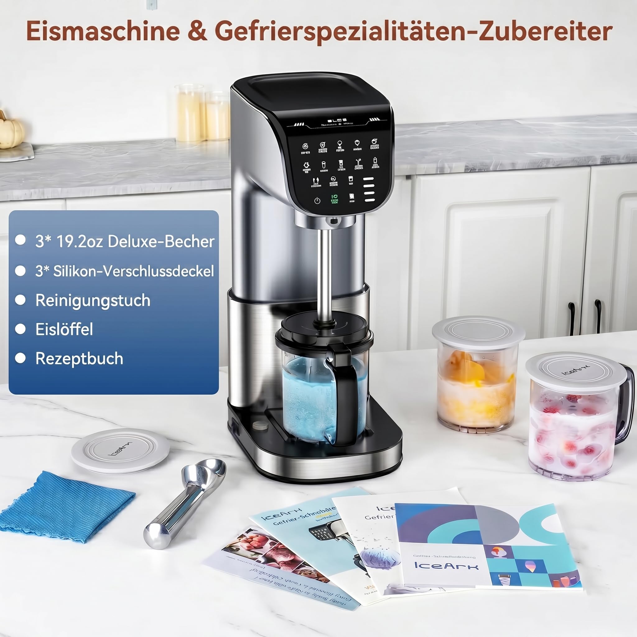 11-in-1 Eismaschine für Zuhause, vollautomatische Eiscreme Maschine mit 3 x 19 oz Bechern, für Gelato, Sorbet, Milchshake, Frozen Joghurt & Mix-ins, bürstenloser Moto Silber
