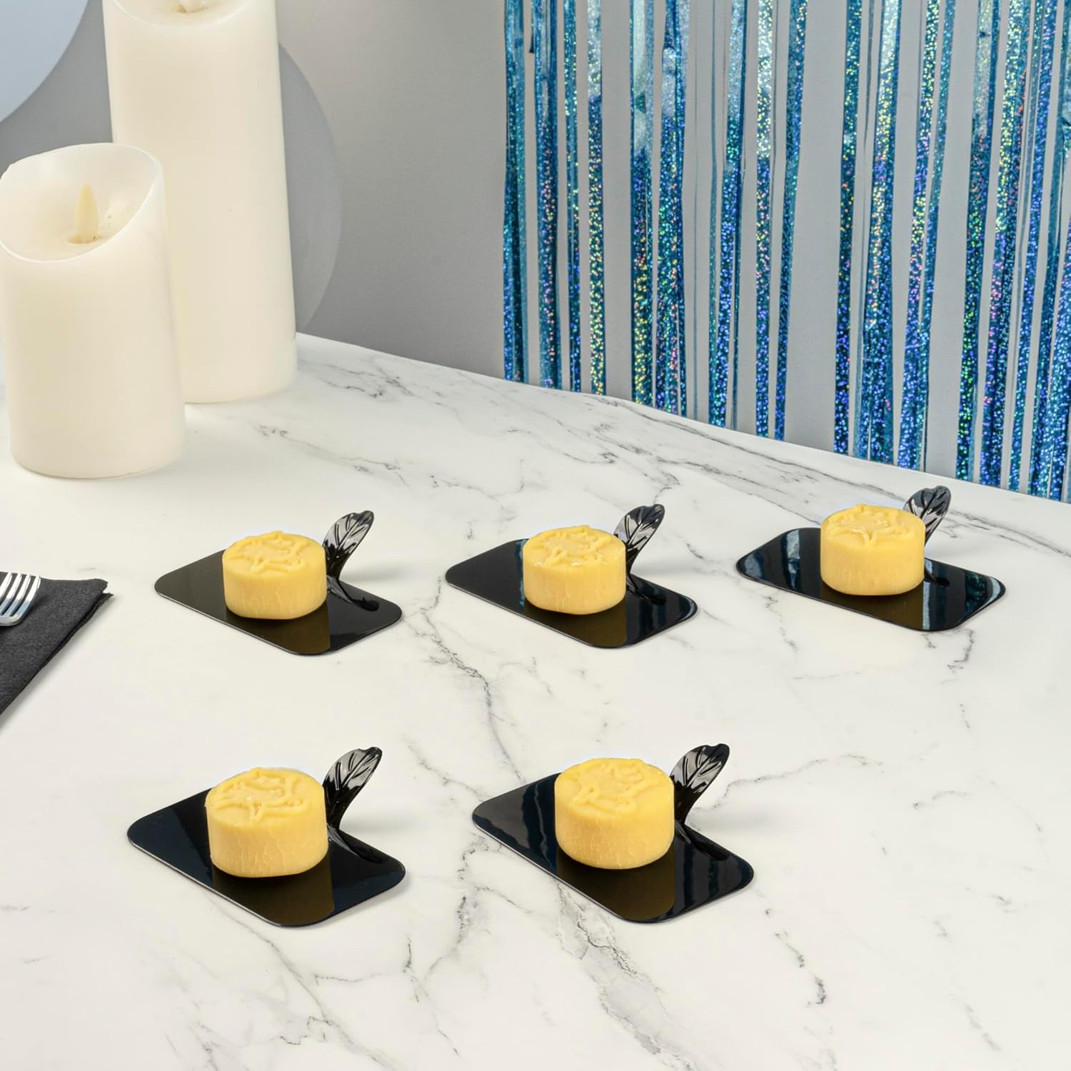Restaurantware 4 x 2.2 x 1 Inch Rectangle Appetizer Plates 100 Disposable Pastry Plates - Built-In Handle Premium Black Plastic Dessert Plates with Handle Serve Appetizers Or Desserts