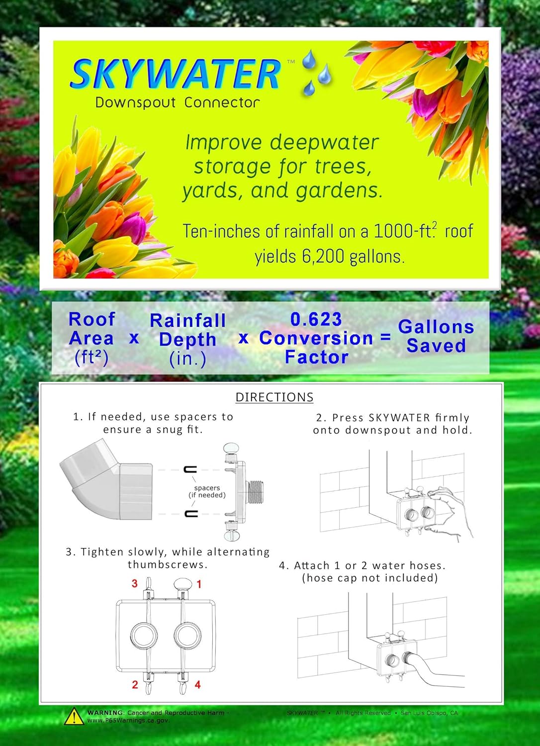 Skywater Downspout Diverter for Rain Harvesting - Attach Hoses Directly to 2x3 Downspout, Use Rainwater for Landscaping, No Rain Barrel Required