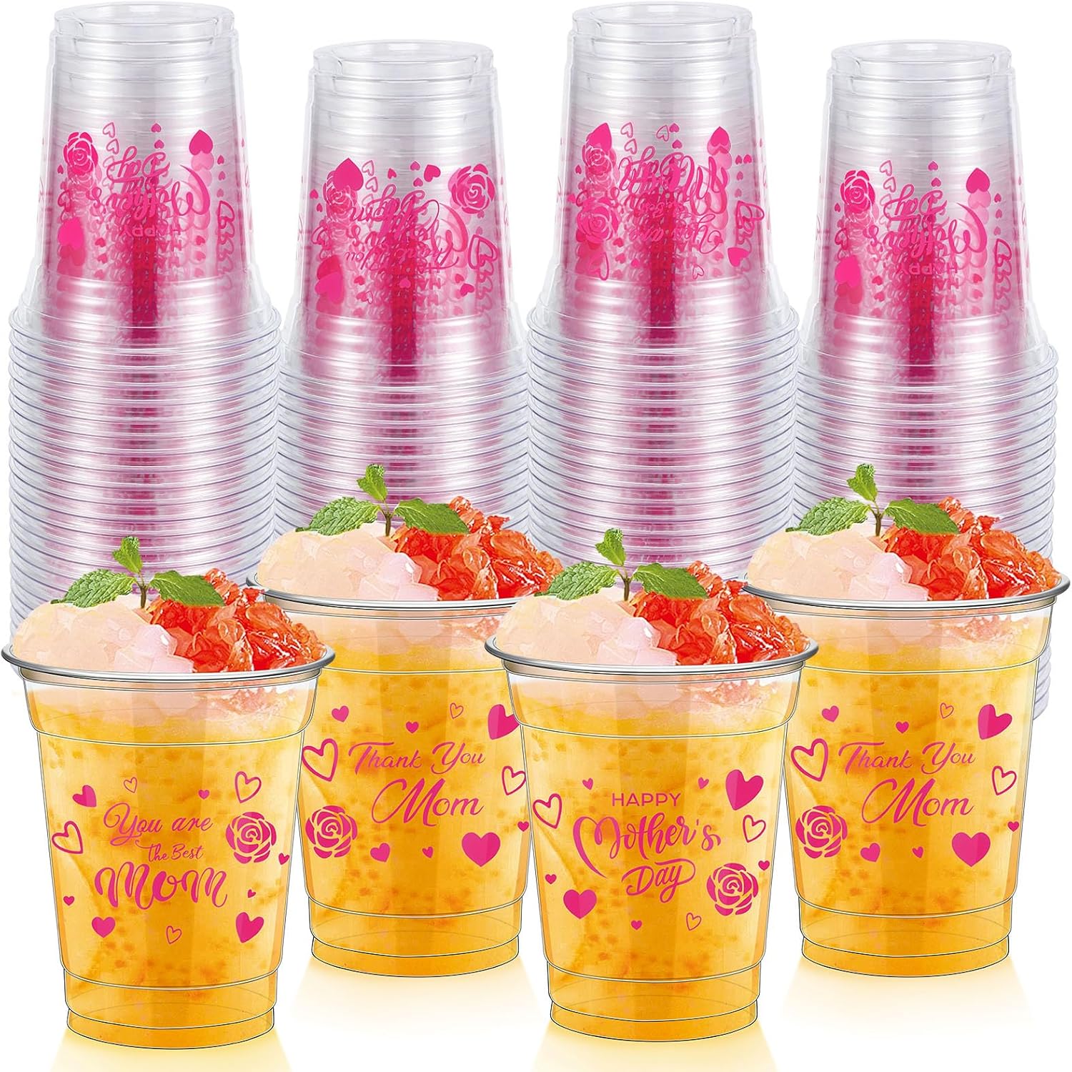 FoldTier 50 Pcs Mother's Day Cups 12 oz Thank You Mom Plastic Cups Clear Best Mom Disposable Cup Mother's Day Drinking Cup for Home Kitchen Mother's Day Party Favors Supplies Decoration (Mother's Day)