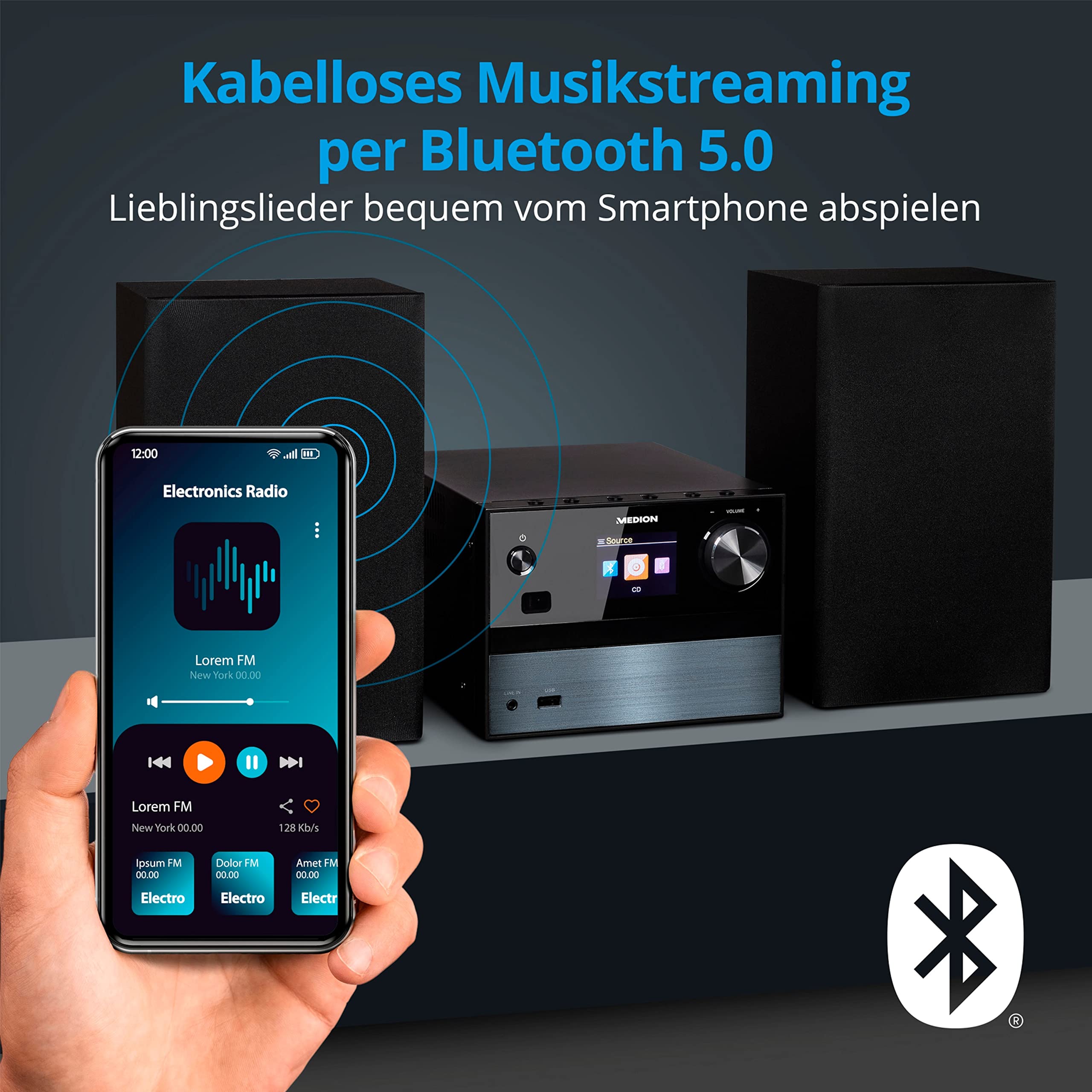 MEDION P64014 Micro Audio System Kompaktanlage (DAB+, CD-Player, PLL UKW Radio, Bluetooth, USB Anschluss, AUX) Titan