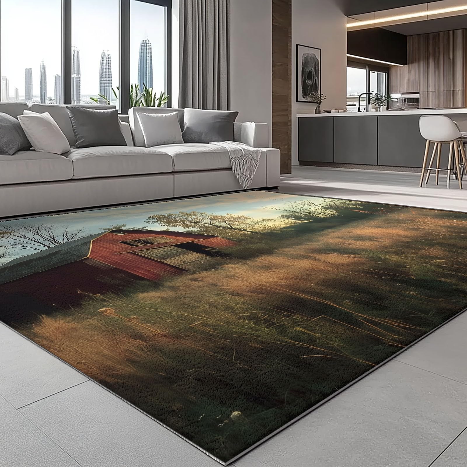 Dywan 100 x 150 cm, krajobraz, stodoła, z krótkim włosiem, do salonu, sypialni i korytarza – antypoślizgowy, odporny na działanie wody i można prać w pralce, nowoczesny design, czerwono-żółty