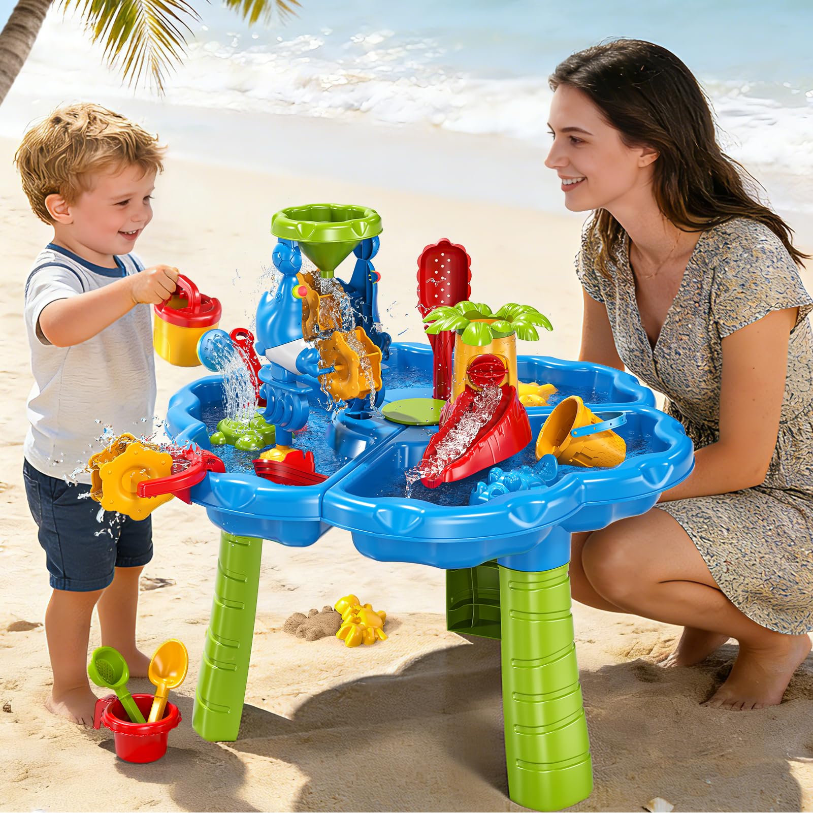 Sand Wasser Tisch für Kleinkinder 1-3, Kinder Outdoor Aktivität Wassertische mit Strand Spaß Sandspielzeug, Sommer draußen Spielzeug Wasser Spielset für Kleinkinder Jungen Mädchen Alter 2 3 4 5 6 7 8