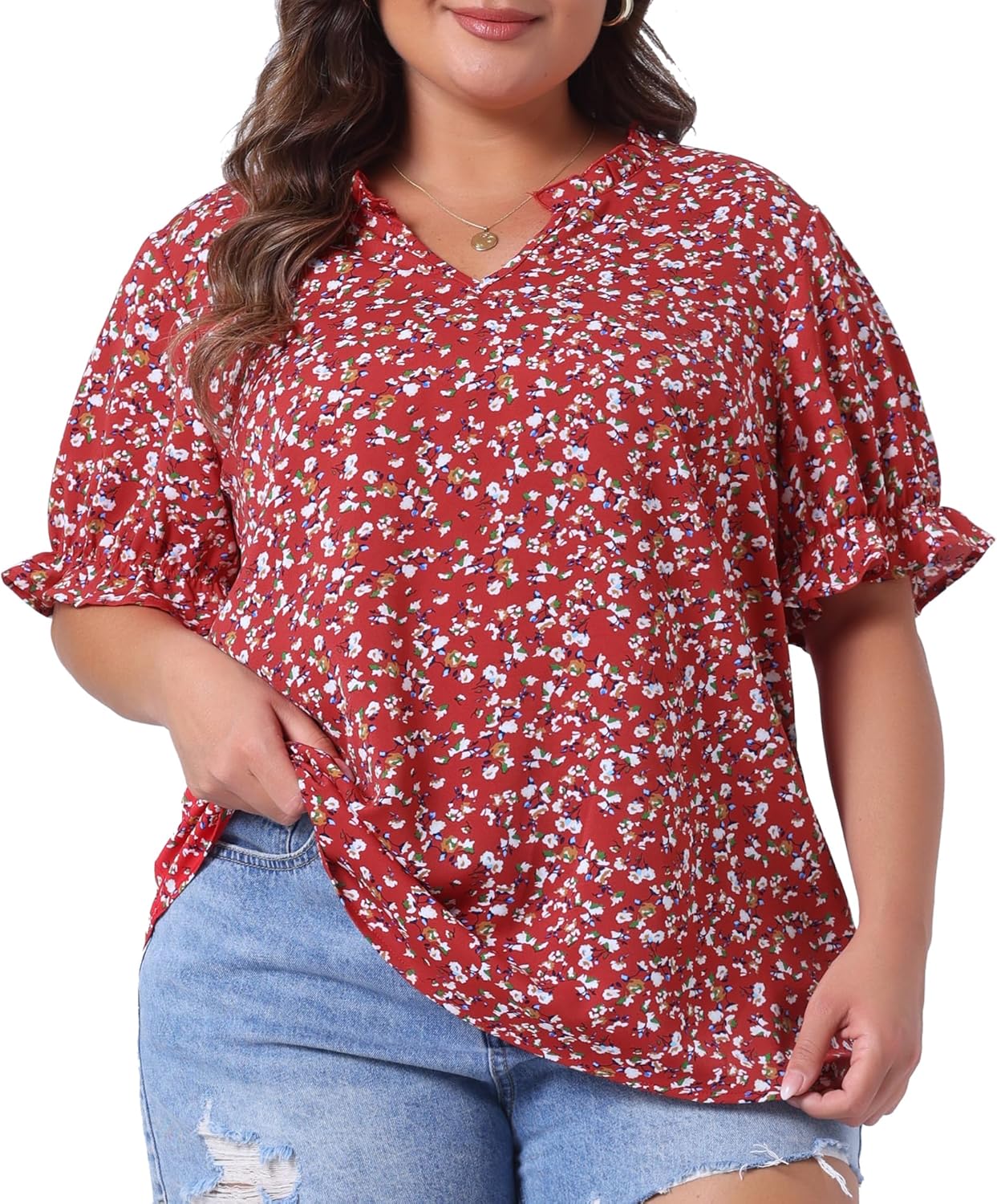 Agnes Orinda Plus Size Summer Tops for Women Floral V Neck Ruffle Puff Short Sleeve Casual Blouse Top