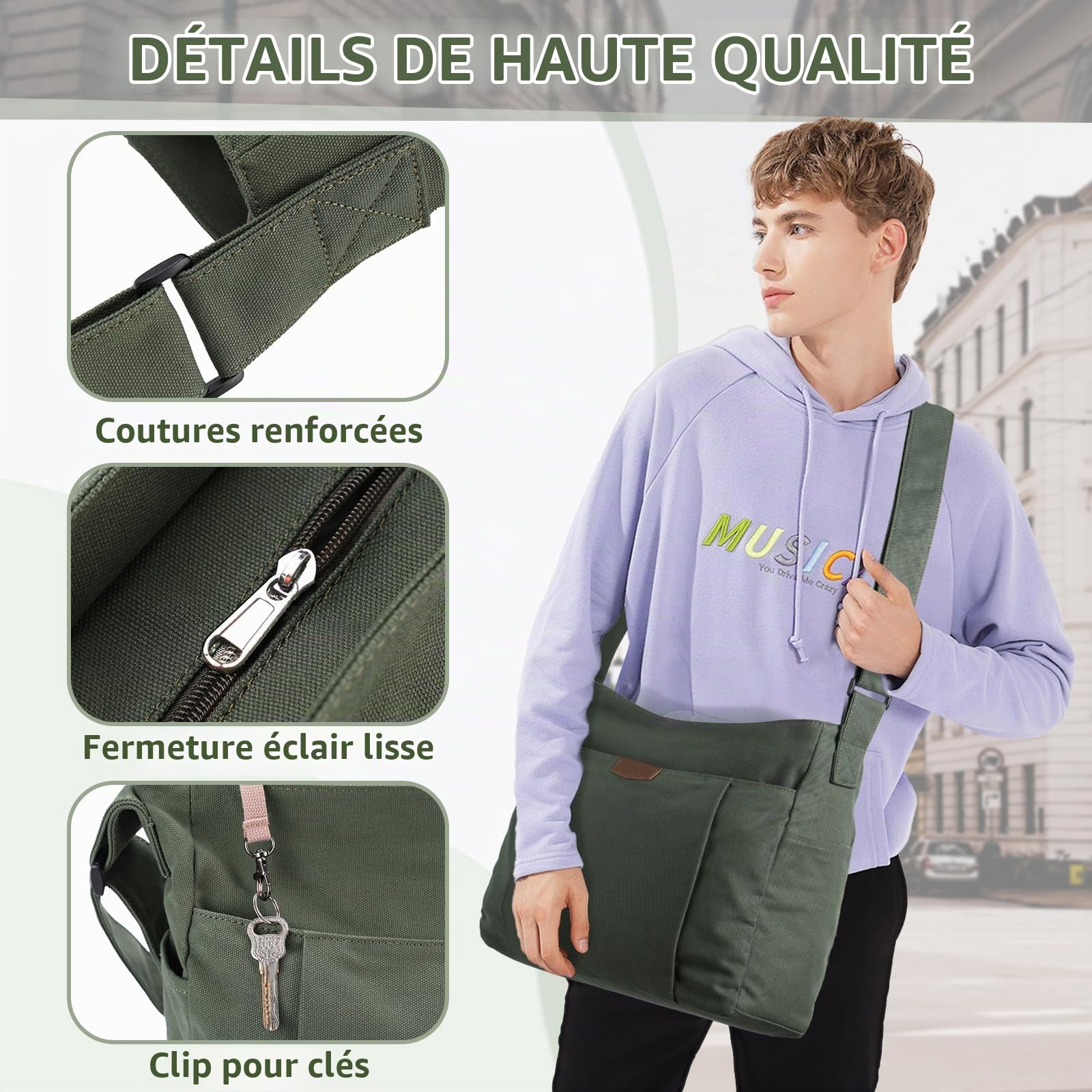 Sac Bandoulière Homme Femme, Multi-poches Léger Sac à Main Femme Bandoulière en Toile 14 Pouces Sac Besace Sacoche Cartable avec Poches latérales pour Travail École Voyage