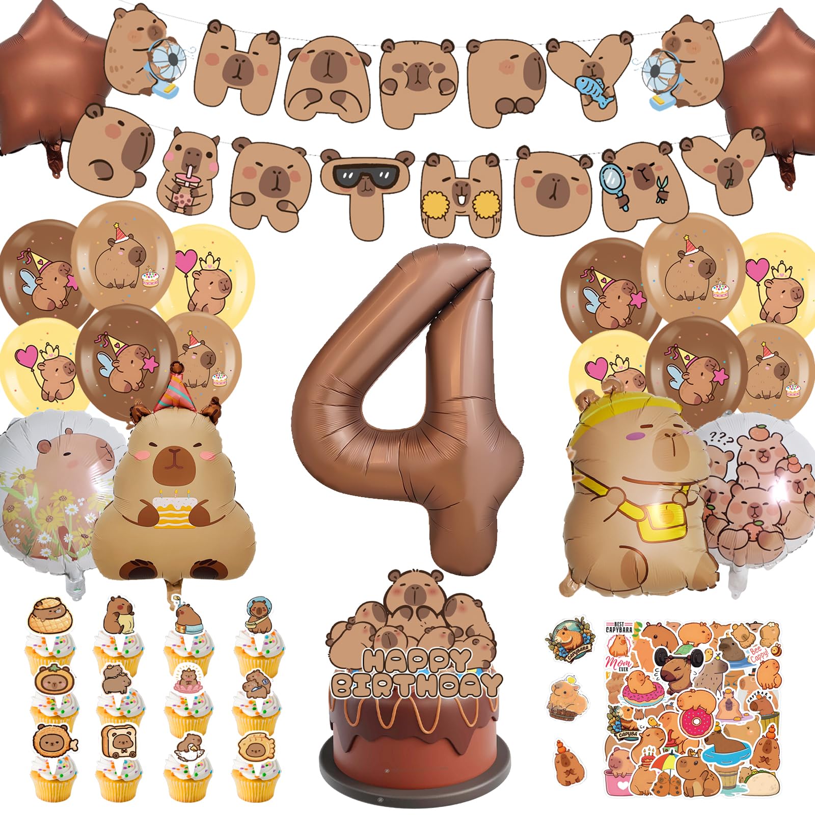 AUNGKWANG Capybara Birthday Decoration 1-12 Years Boy Girl 99 Pieces Capybara Decoration Birthday Set with Balloons Banner Cake Decoration and Stickers for Children's Birthday Party Decoration