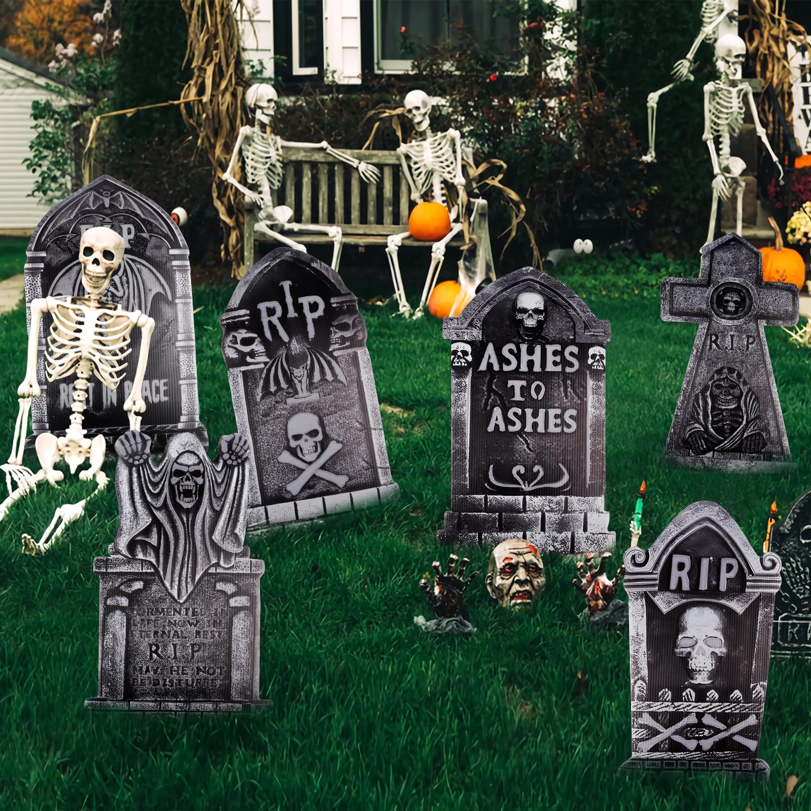6 Pièces Pierre Tombale Halloween,42 cm Pierres Tombales RIP avec 12 Piquets en Plastique pour Halloween Jardin
