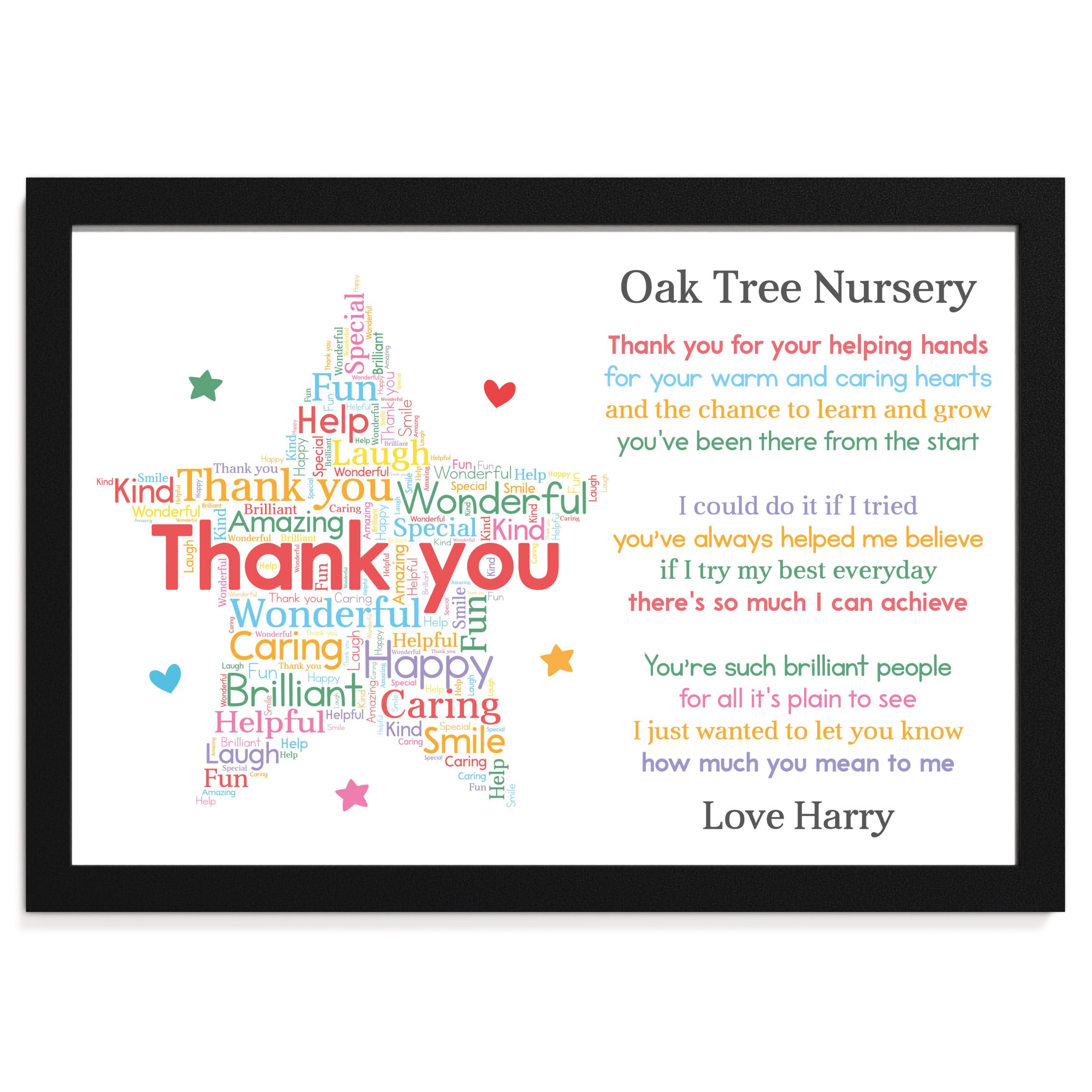 Beecreative Personalised Nursery Thank You Gifts - A5 A4 Poem Print And Wooden Frame - Custom Preschool Or Nursery Thank You Presents