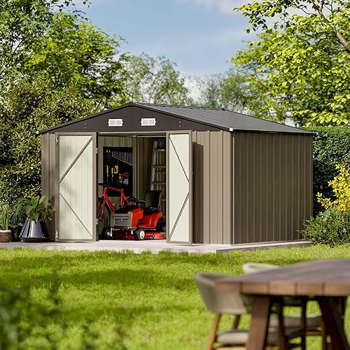 Vista 85 de Patiowell - Cobertizo de almacenamiento de 10 x 12 pies para herramientas, de metal y con puertas con cerradura, para exteriores, jardín, patio Gris