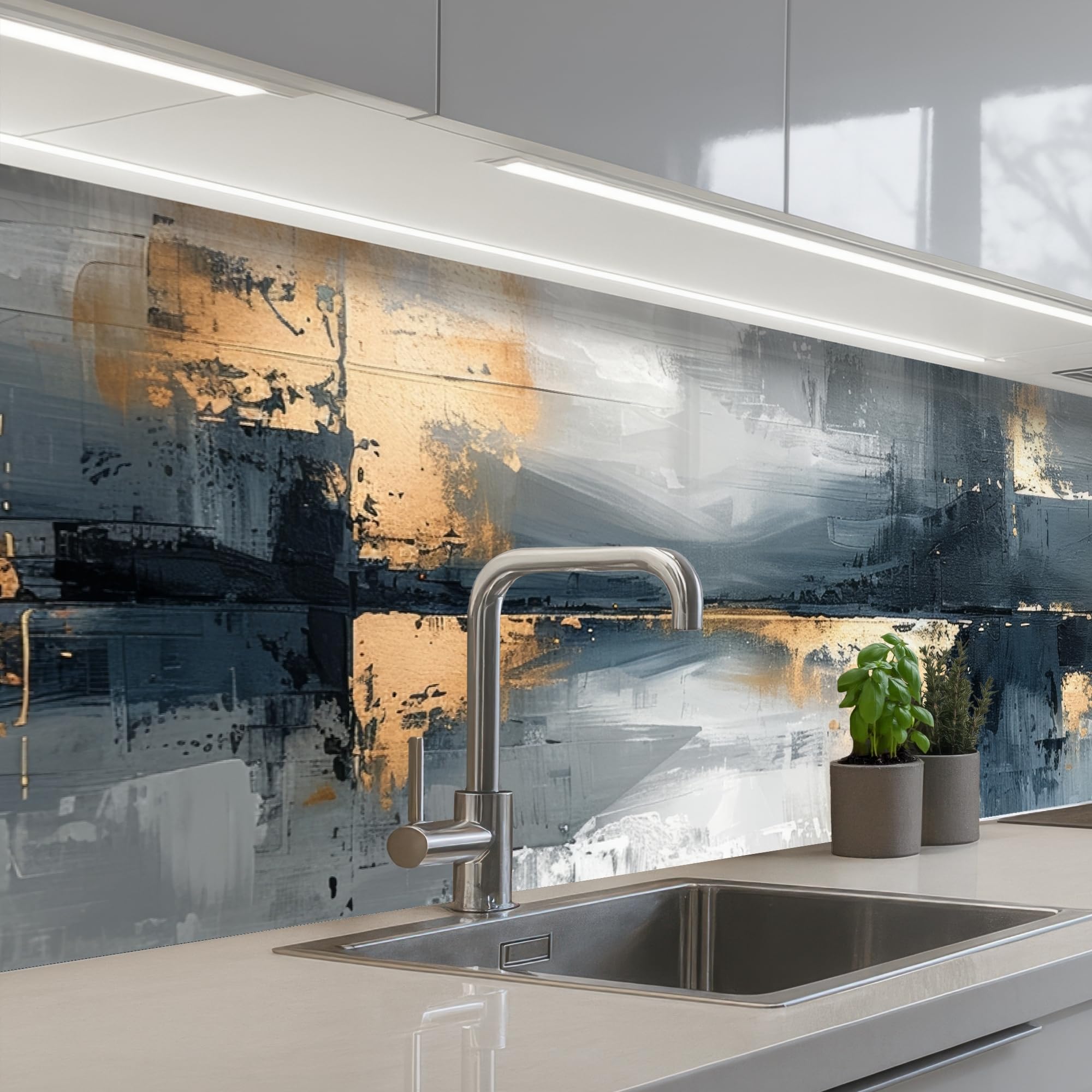 KitchenYeah© Splashback for kitchen 24"x79" / 60x200 cm self adhesive Sink Splash Splatter Guard Backsplash Decor Art - Gray - Gold - Abstract
