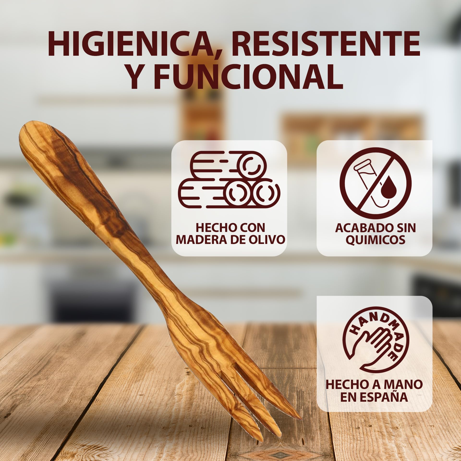 Tenedor De Madera De Olivo Para Cocinar, 30 Cm | Utensilios De Cocina Artesanales Resistentes, Hechos en España | Largos