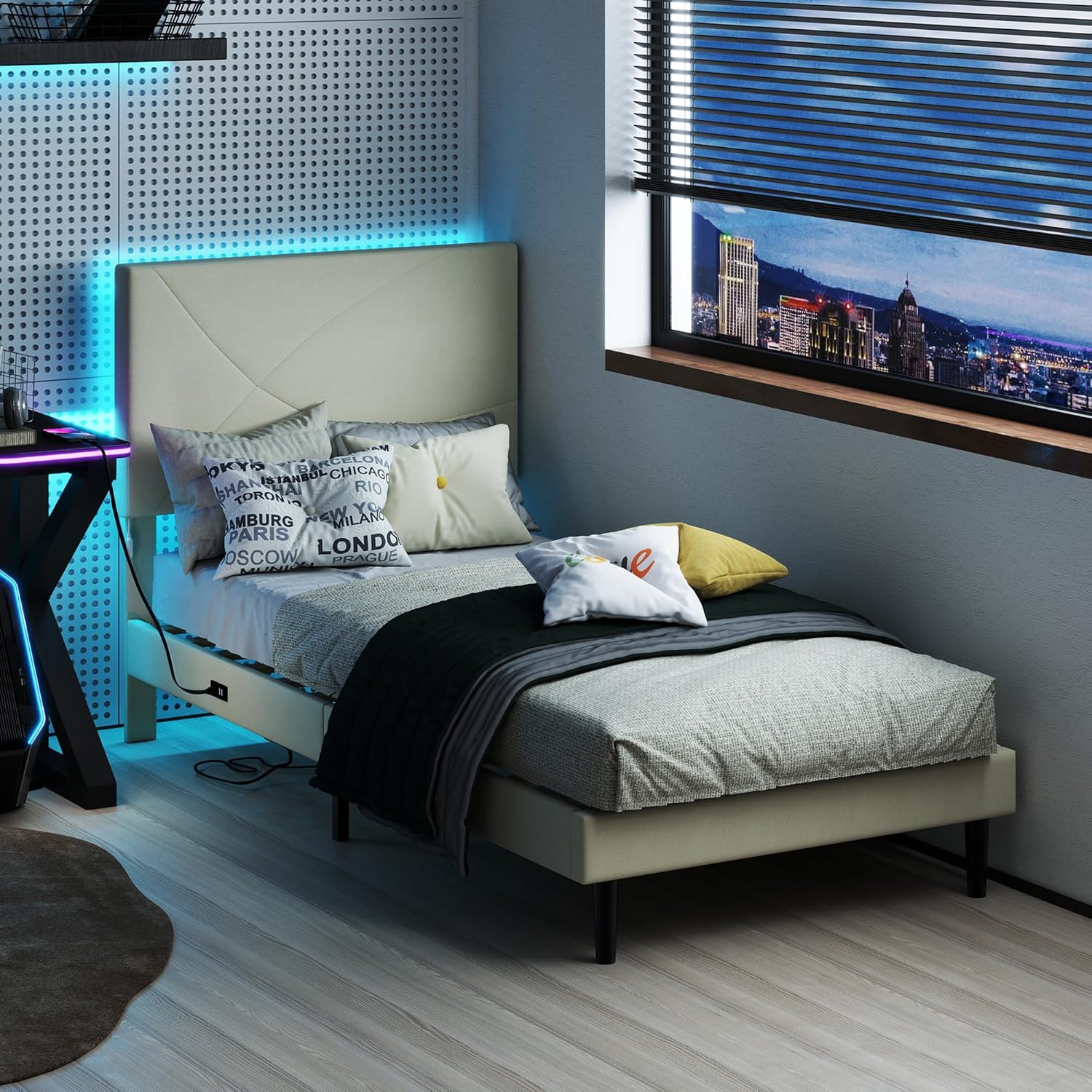 Homy Casa Twin Size Upholstered Platform Bed Frame with USB Ports & LED Light Headboard, Solid Wood Slats Support, Metal Platform, Easy Assembly, No Box Spring Needed, Beige